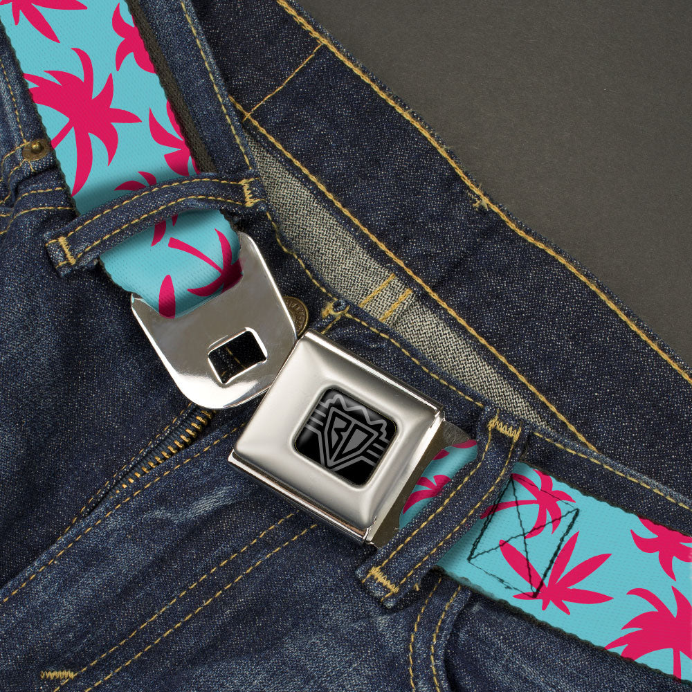 BD Wings Logo CLOSE-UP Black/Silver Seatbelt Belt - Palm Tree Silhouette4 Scattered Aqua/Pink Webbing Seatbelt Belts Buckle-Down