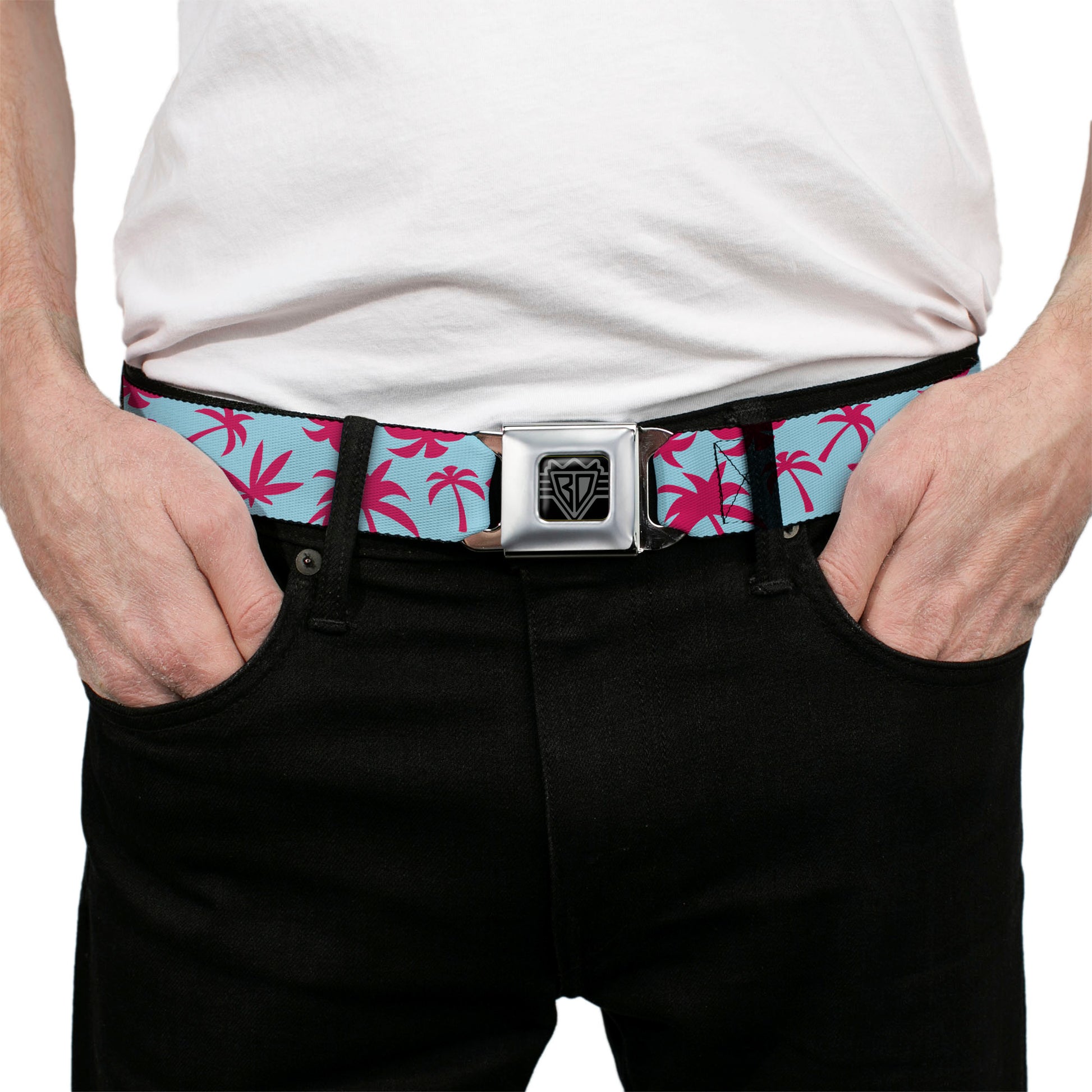 BD Wings Logo CLOSE-UP Black/Silver Seatbelt Belt - Palm Tree Silhouette4 Scattered Aqua/Pink Webbing Seatbelt Belts Buckle-Down