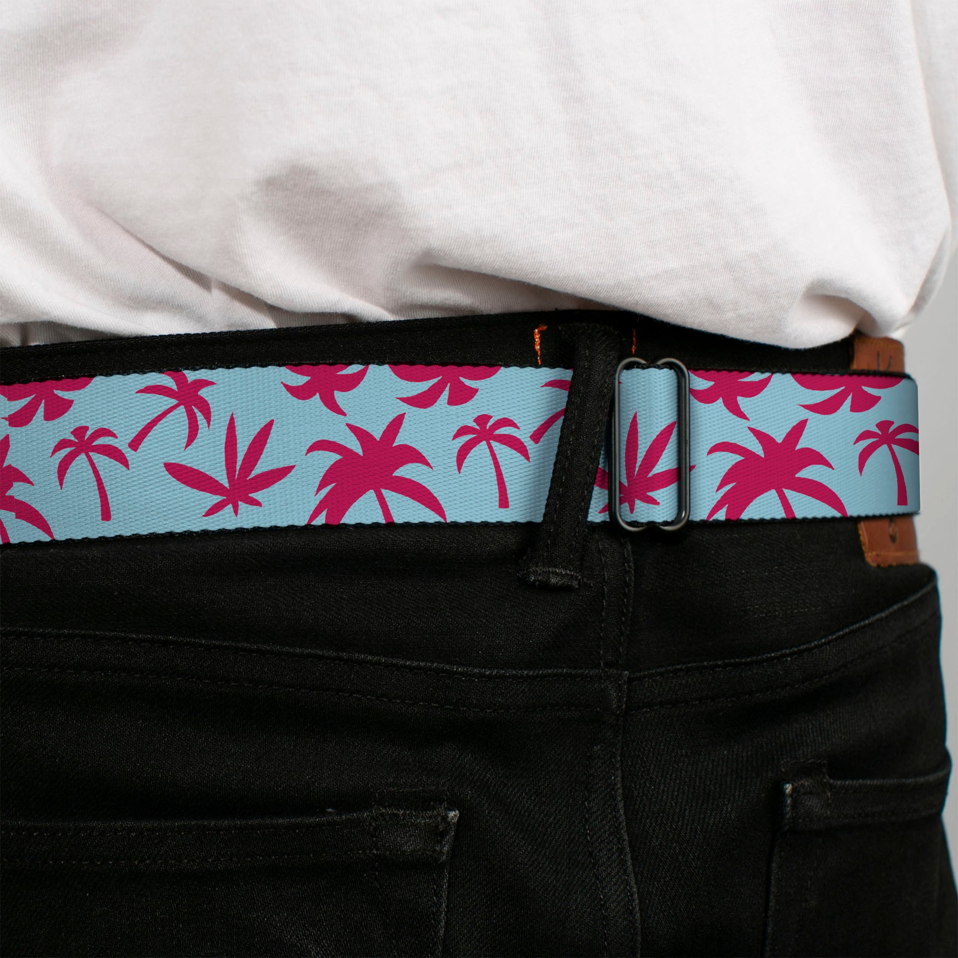 BD Wings Logo CLOSE-UP Black/Silver Seatbelt Belt - Palm Tree Silhouette4 Scattered Aqua/Pink Webbing Seatbelt Belts Buckle-Down