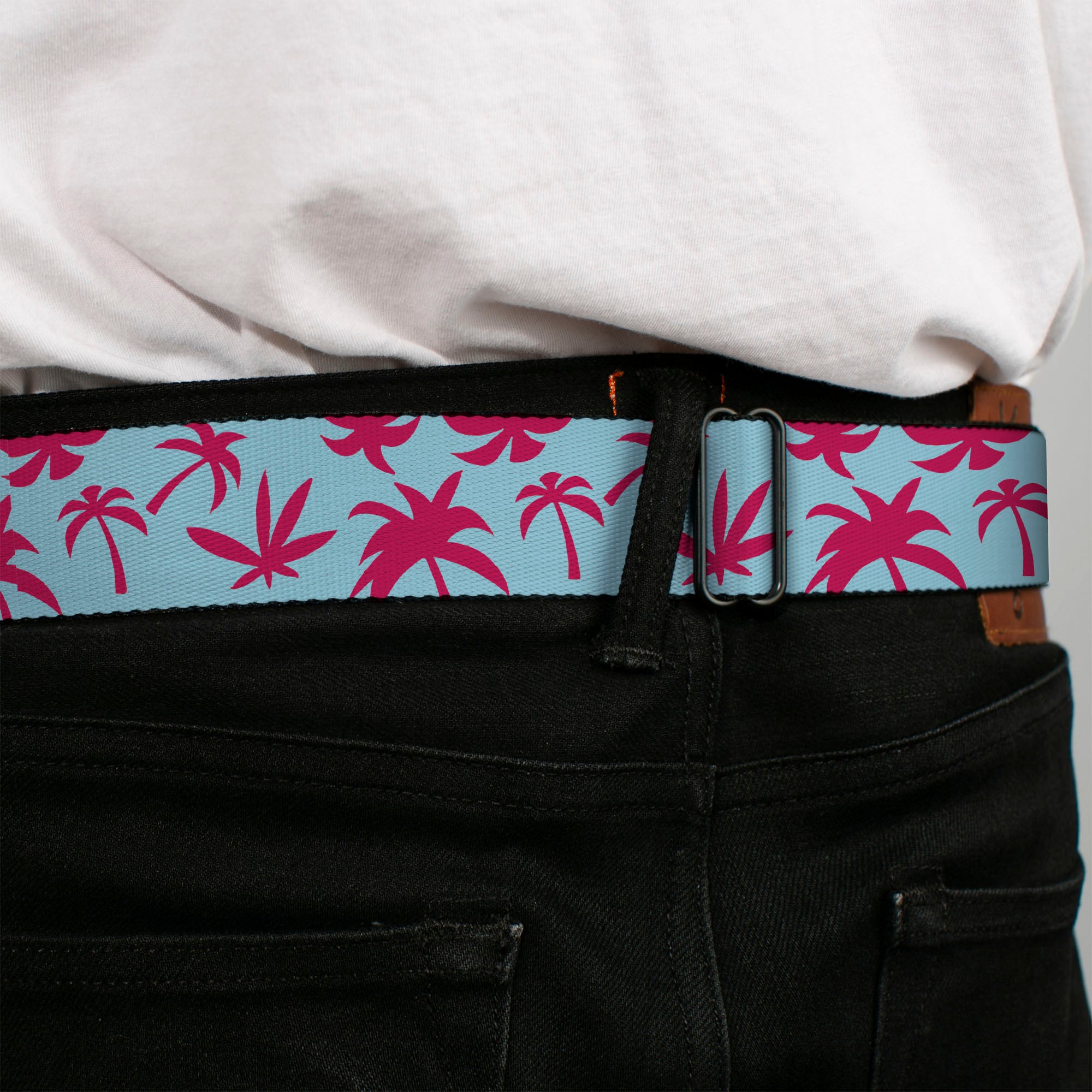 BD Wings Logo CLOSE-UP Black/Silver Seatbelt Belt - Palm Tree Silhouette4 Scattered Aqua/Pink Webbing Seatbelt Belts Buckle-Down