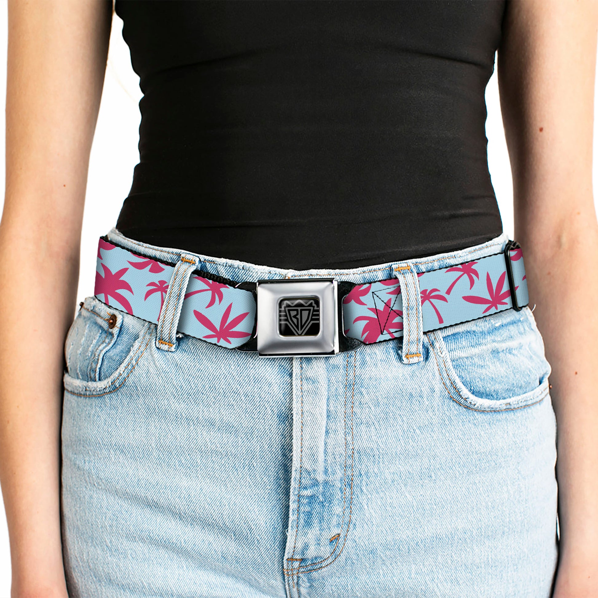 BD Wings Logo CLOSE-UP Black/Silver Seatbelt Belt - Palm Tree Silhouette4 Scattered Aqua/Pink Webbing Seatbelt Belts Buckle-Down
