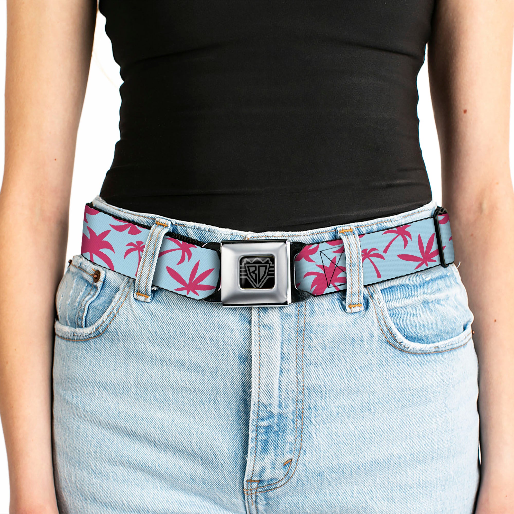BD Wings Logo CLOSE-UP Black/Silver Seatbelt Belt - Palm Tree Silhouette4 Scattered Aqua/Pink Webbing Seatbelt Belts Buckle-Down