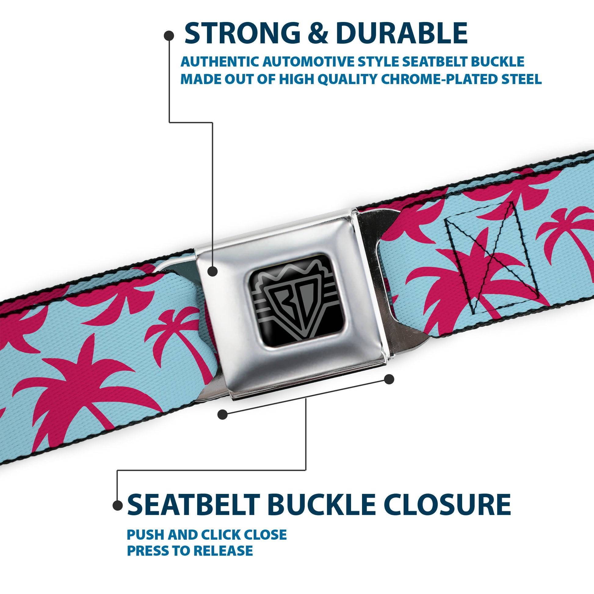 BD Wings Logo CLOSE-UP Black/Silver Seatbelt Belt - Palm Tree Silhouette4 Scattered Aqua/Pink Webbing Seatbelt Belts Buckle-Down
