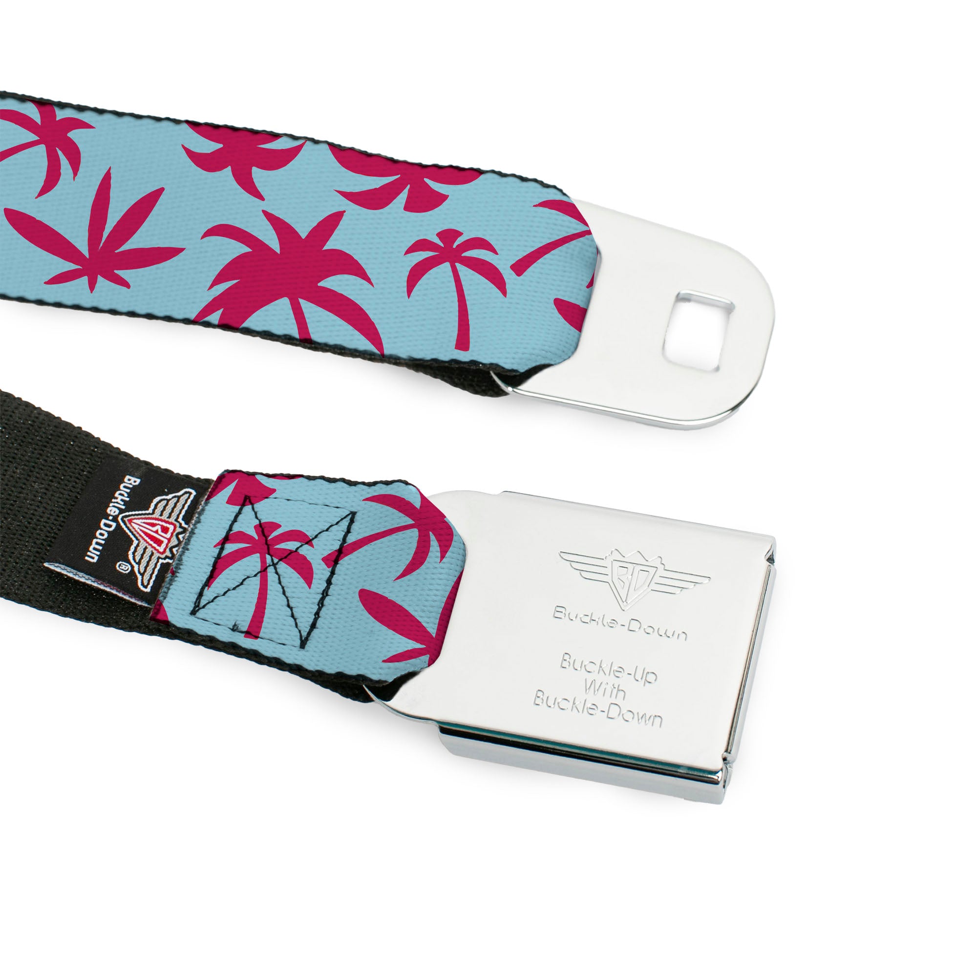 BD Wings Logo CLOSE-UP Black/Silver Seatbelt Belt - Palm Tree Silhouette4 Scattered Aqua/Pink Webbing Seatbelt Belts Buckle-Down