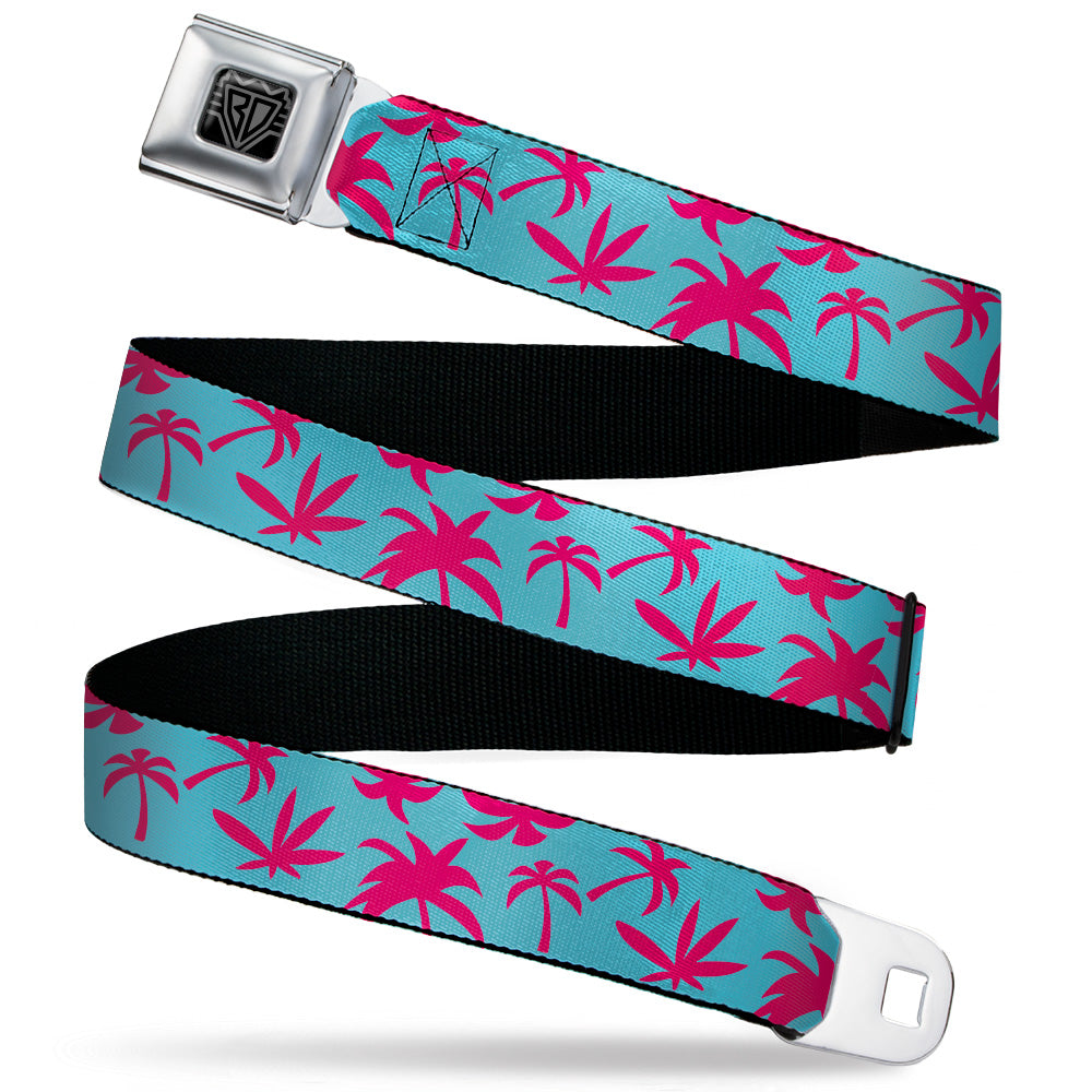 BD Wings Logo CLOSE-UP Black/Silver Seatbelt Belt - Palm Tree Silhouette4 Scattered Aqua/Pink Webbing Seatbelt Belts Buckle-Down