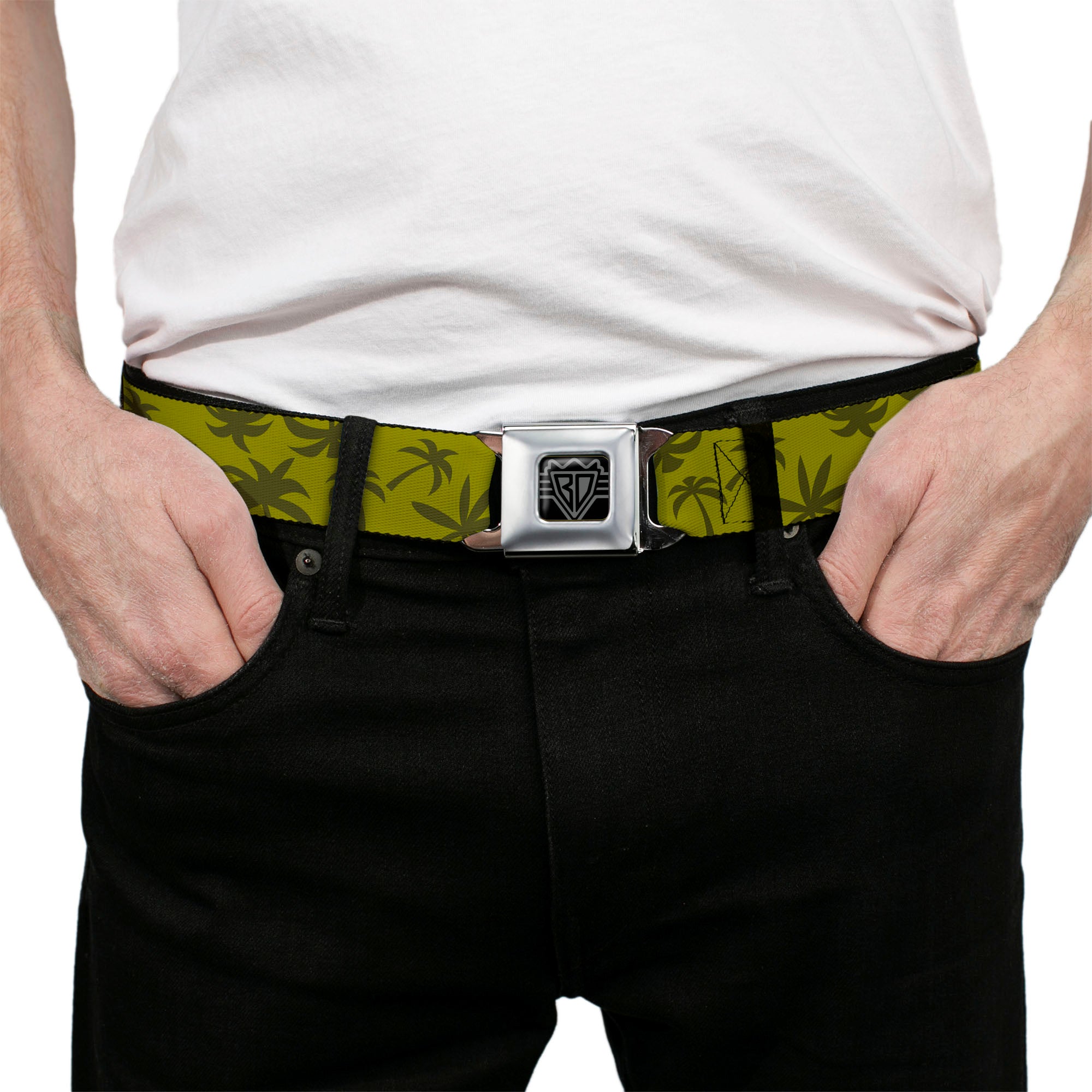 BD Wings Logo CLOSE-UP Black/Silver Seatbelt Belt - Palm Tree Silhouette4 Scattered Olive Greens Webbing Seatbelt Belts Buckle-Down