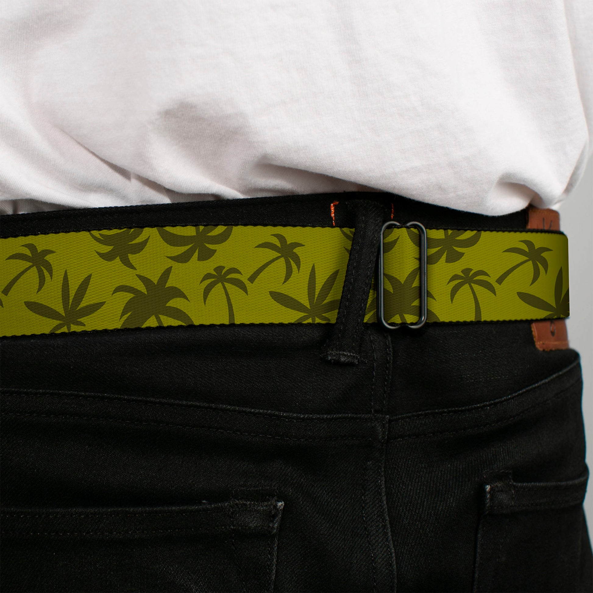 BD Wings Logo CLOSE-UP Black/Silver Seatbelt Belt - Palm Tree Silhouette4 Scattered Olive Greens Webbing Seatbelt Belts Buckle-Down