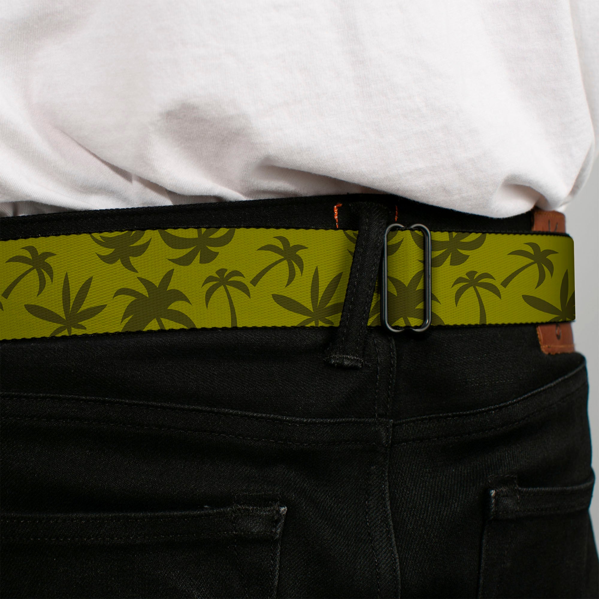 BD Wings Logo CLOSE-UP Black/Silver Seatbelt Belt - Palm Tree Silhouette4 Scattered Olive Greens Webbing Seatbelt Belts Buckle-Down