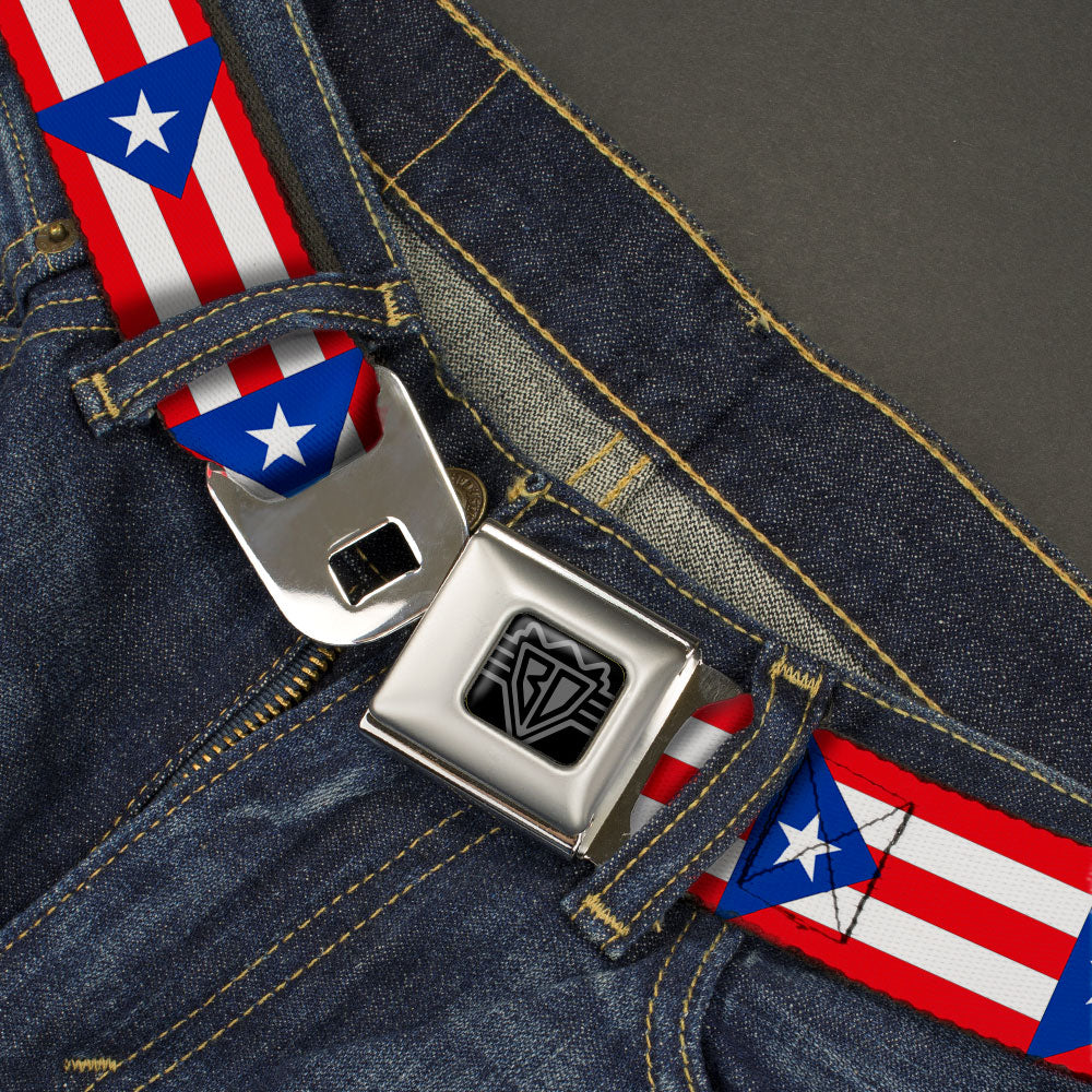 BD Wings Logo CLOSE-UP Black/Silver Seatbelt Belt - Puerto Rico Flag Continuous Webbing Seatbelt Belts Buckle-Down