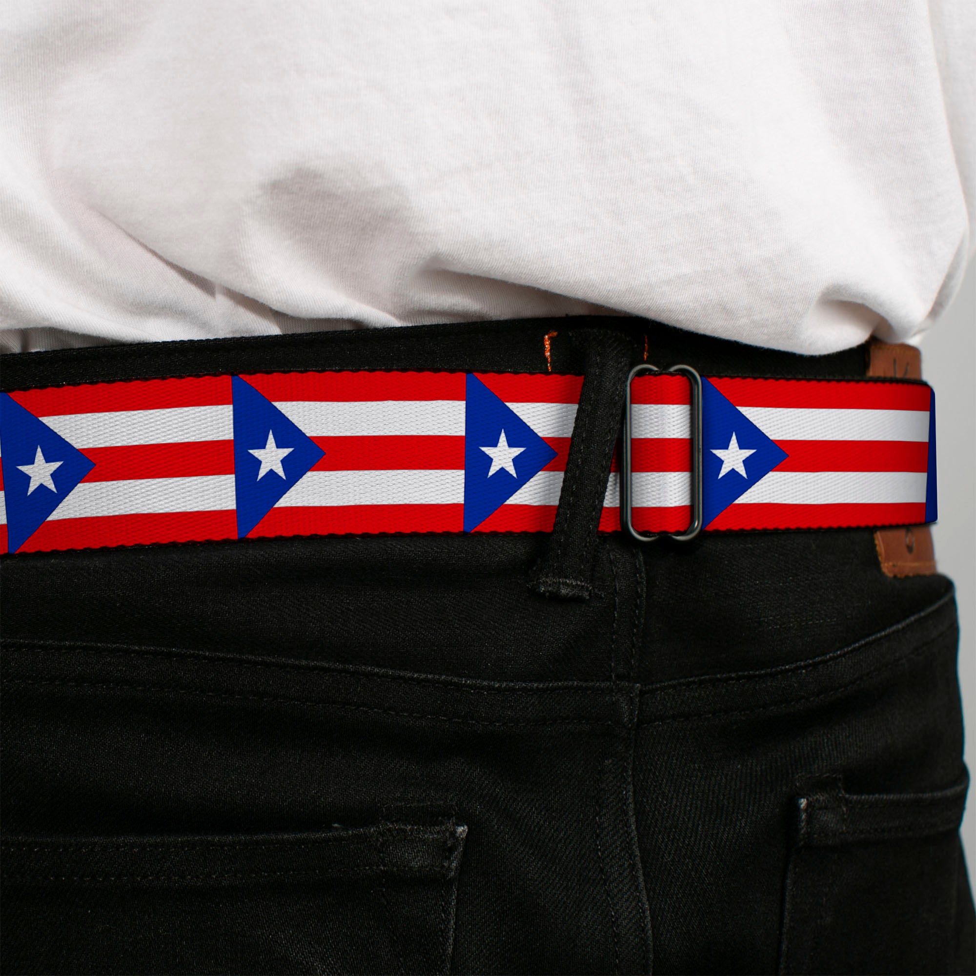 BD Wings Logo CLOSE-UP Black/Silver Seatbelt Belt - Puerto Rico Flag Continuous Webbing Seatbelt Belts Buckle-Down