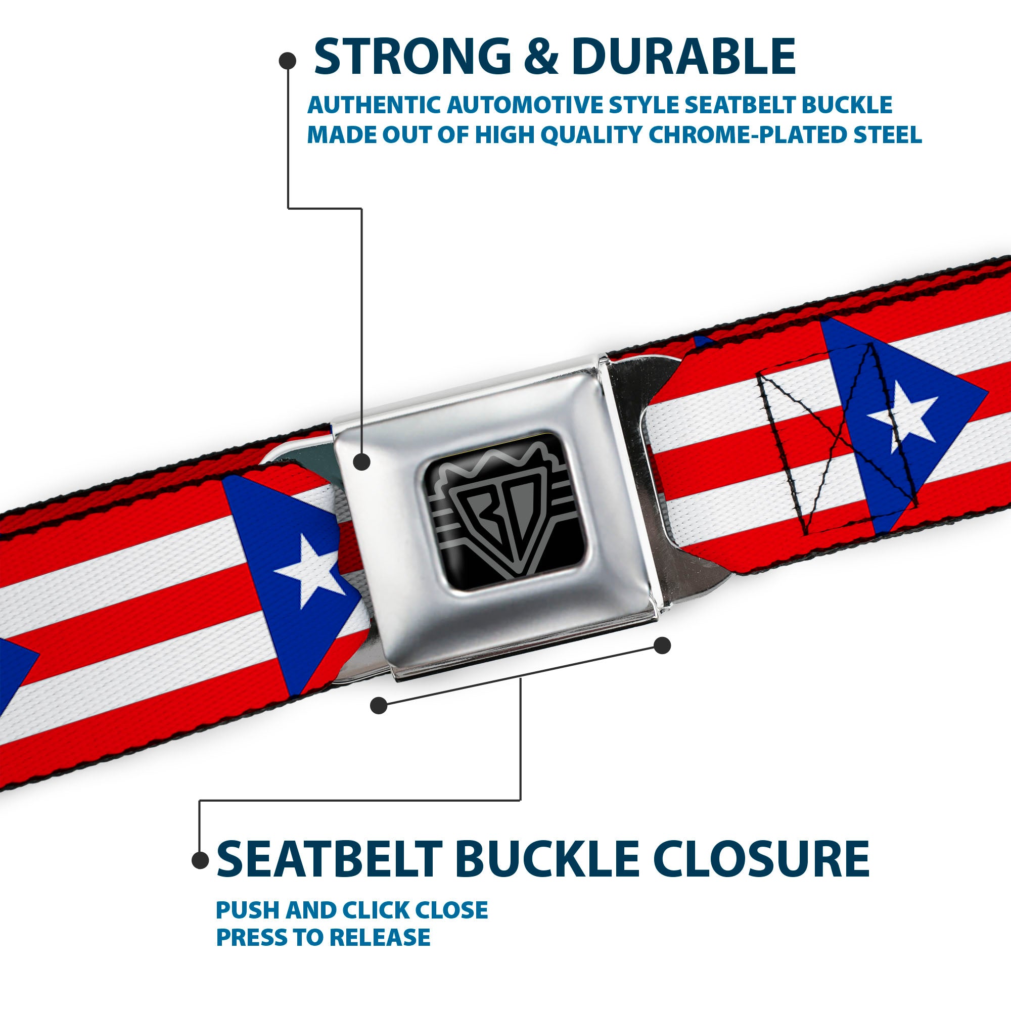 BD Wings Logo CLOSE-UP Black/Silver Seatbelt Belt - Puerto Rico Flag Continuous Webbing Seatbelt Belts Buckle-Down