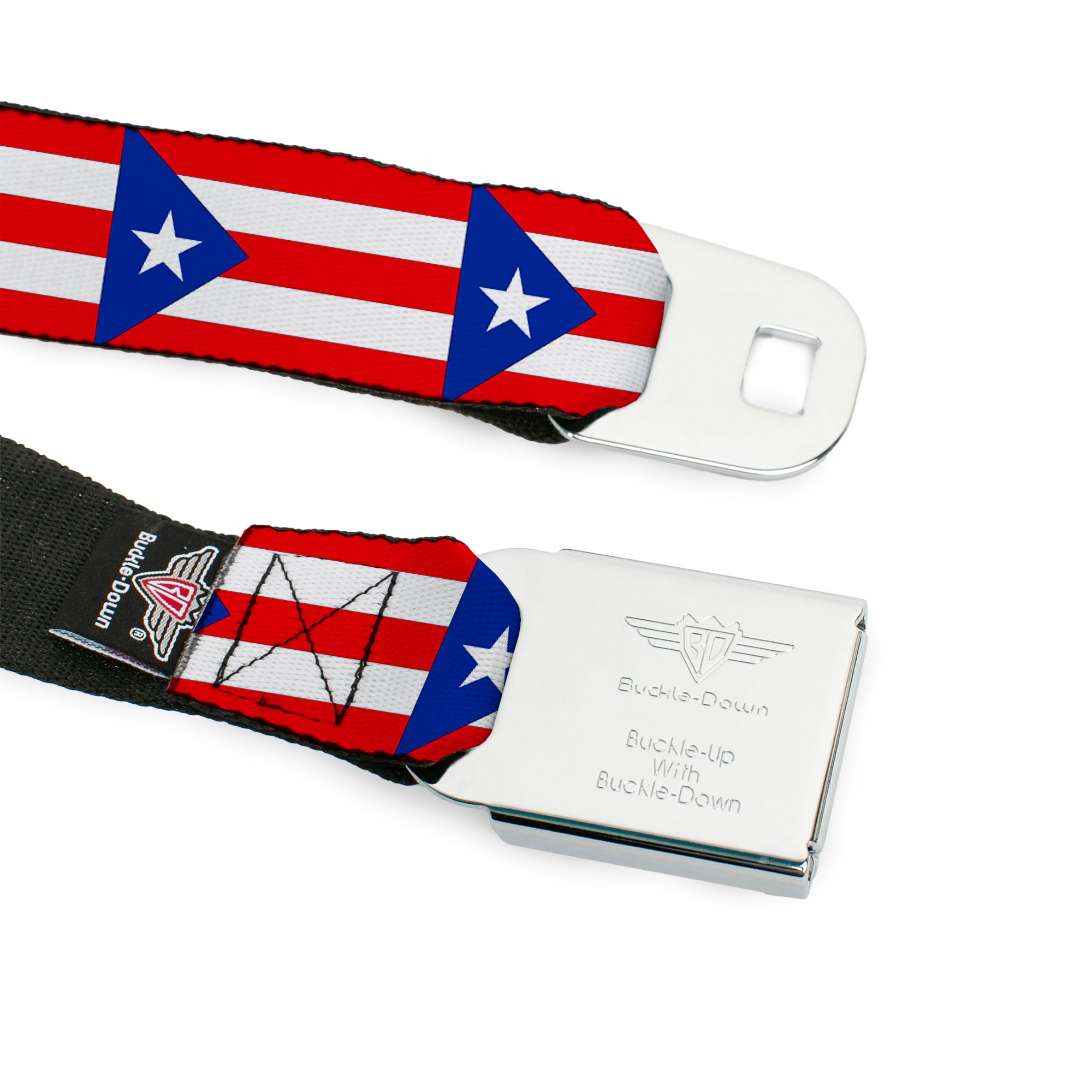 BD Wings Logo CLOSE-UP Black/Silver Seatbelt Belt - Puerto Rico Flag Continuous Webbing Seatbelt Belts Buckle-Down