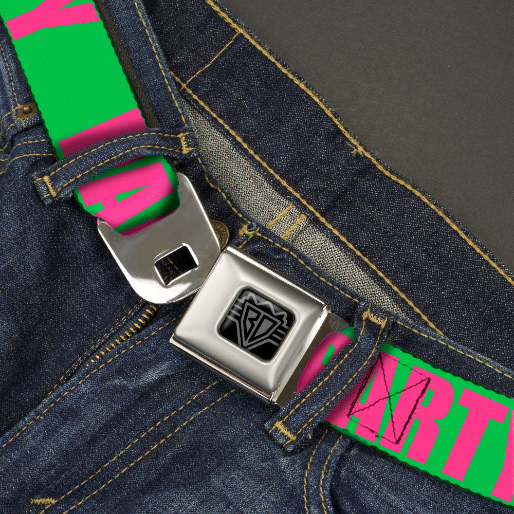 BD Wings Logo CLOSE-UP Black/Silver Seatbelt Belt - PARTY Green/Pink Webbing Seatbelt Belts Buckle-Down