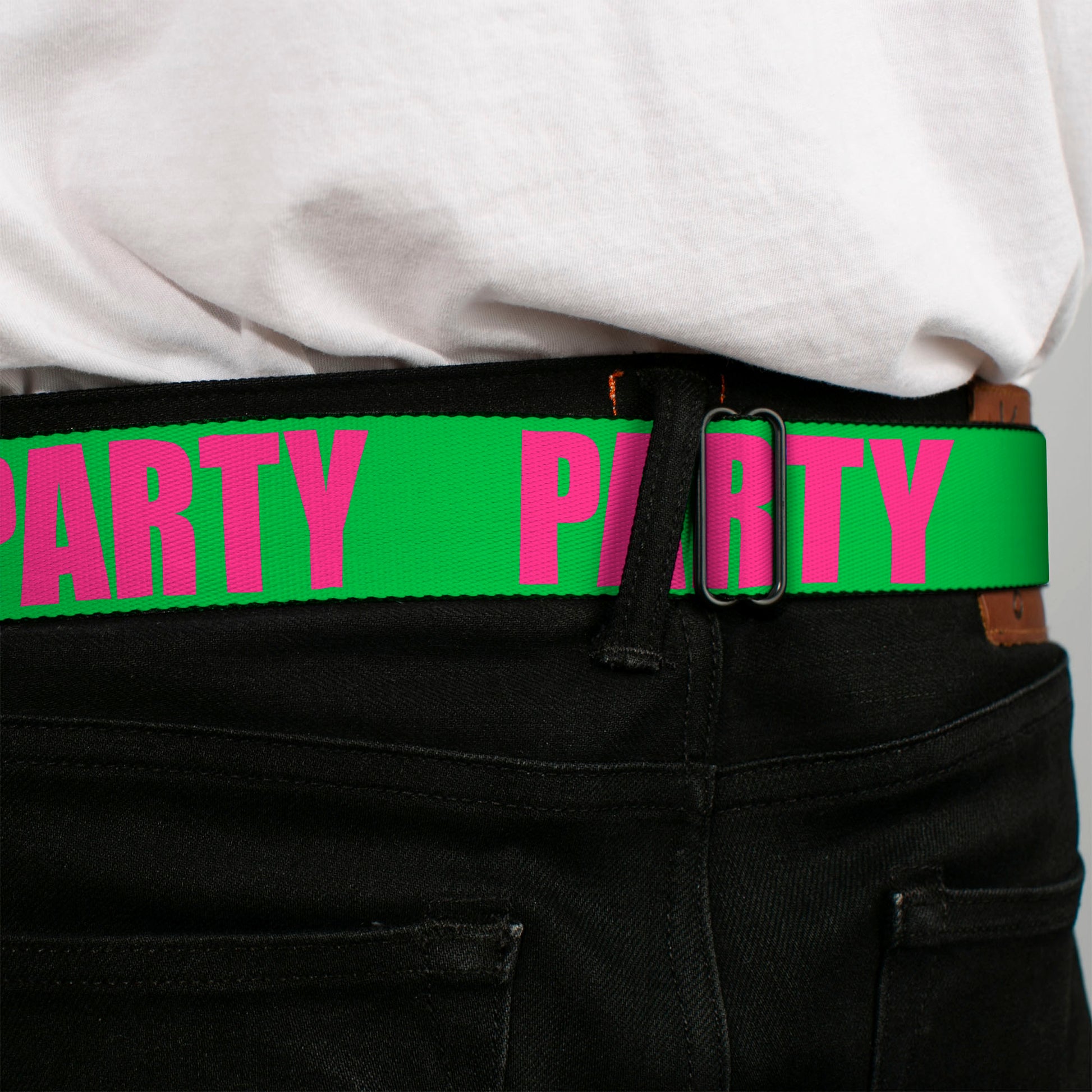 BD Wings Logo CLOSE-UP Black/Silver Seatbelt Belt - PARTY Green/Pink Webbing Seatbelt Belts Buckle-Down