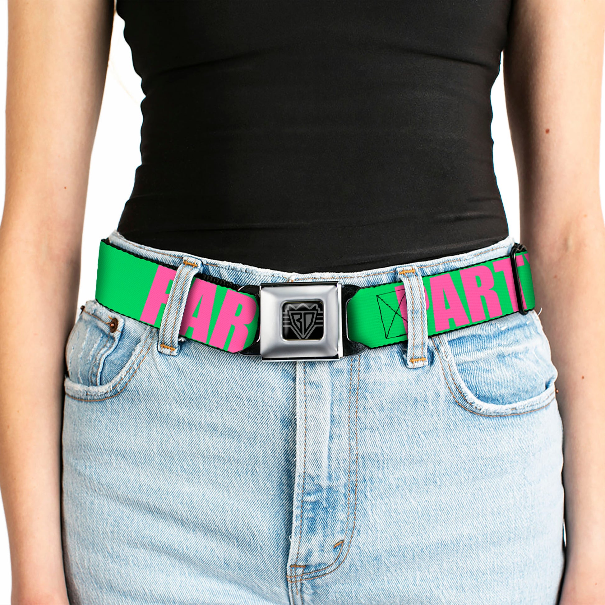 BD Wings Logo CLOSE-UP Black/Silver Seatbelt Belt - PARTY Green/Pink Webbing Seatbelt Belts Buckle-Down