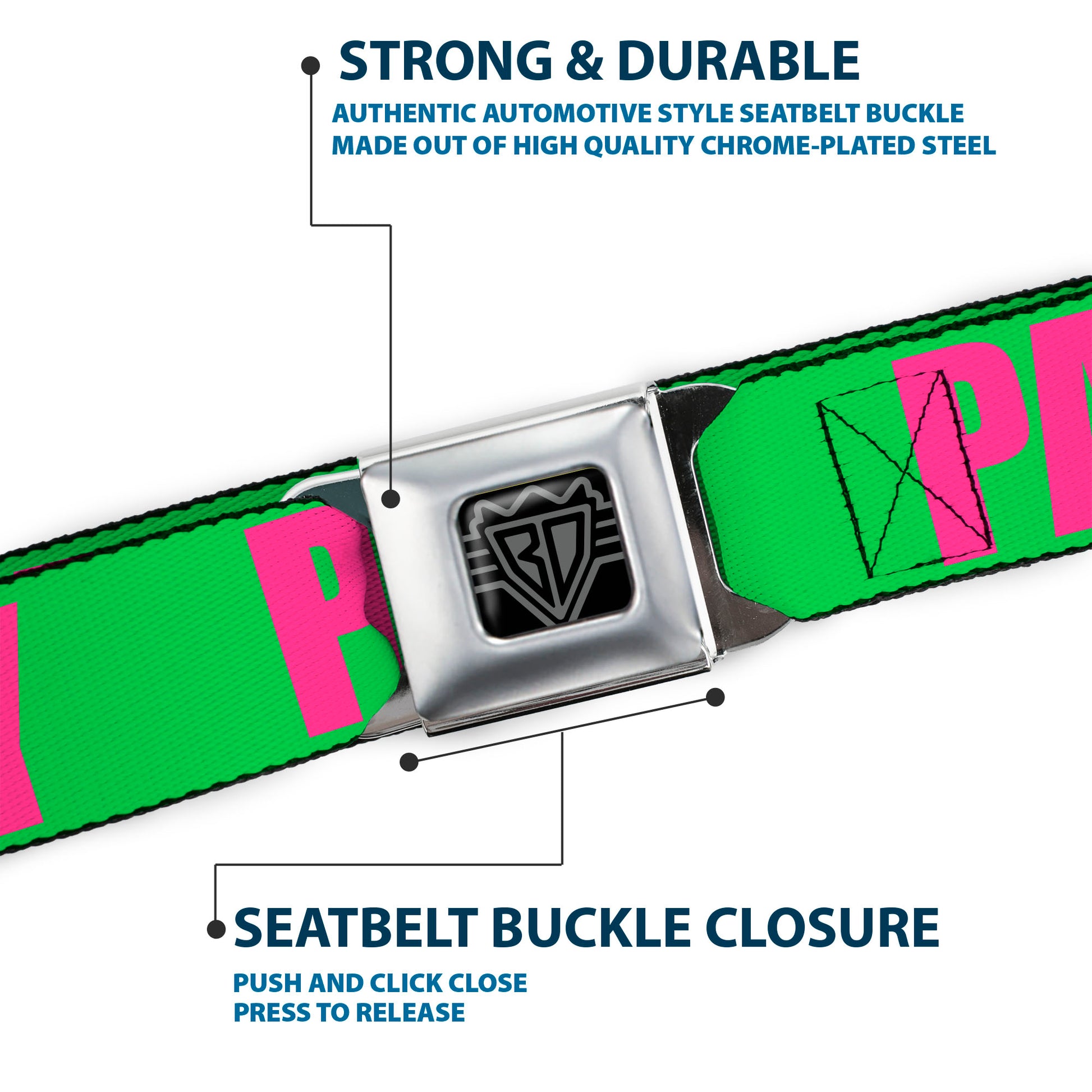 BD Wings Logo CLOSE-UP Black/Silver Seatbelt Belt - PARTY Green/Pink Webbing Seatbelt Belts Buckle-Down