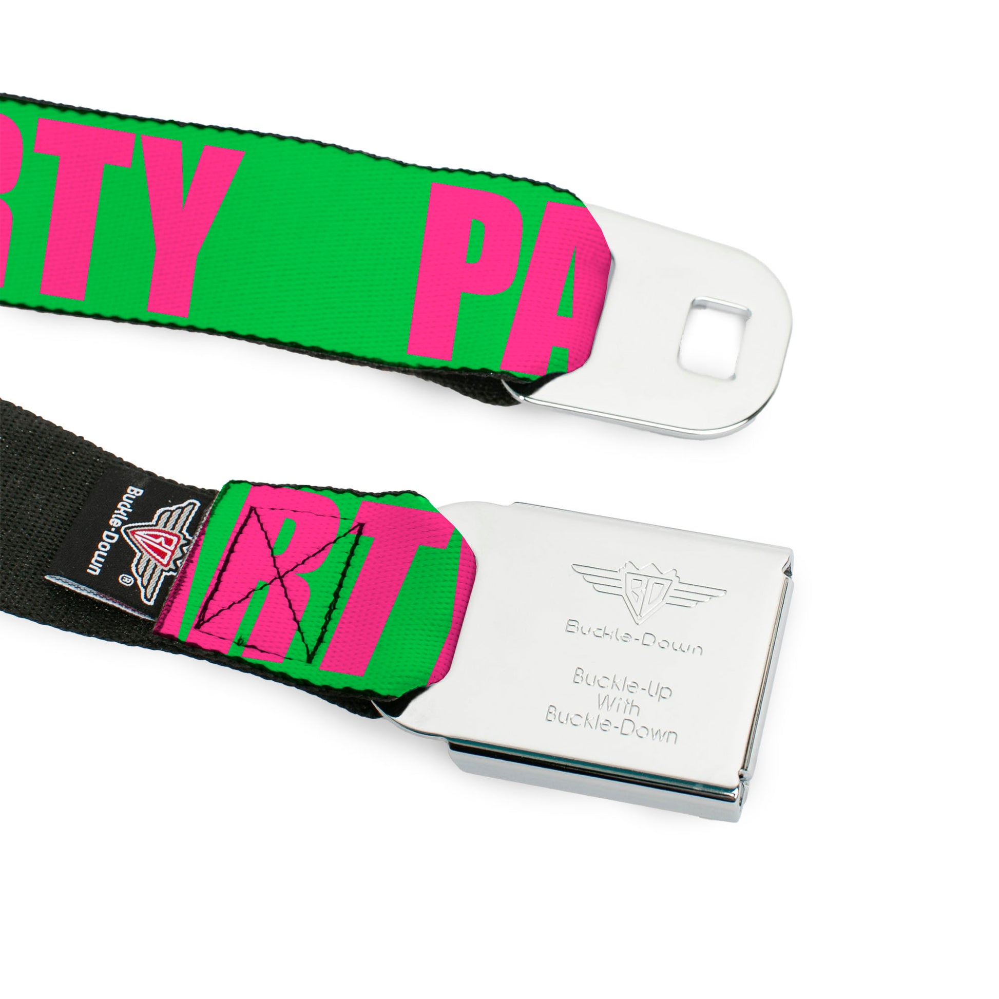 BD Wings Logo CLOSE-UP Black/Silver Seatbelt Belt - PARTY Green/Pink Webbing Seatbelt Belts Buckle-Down