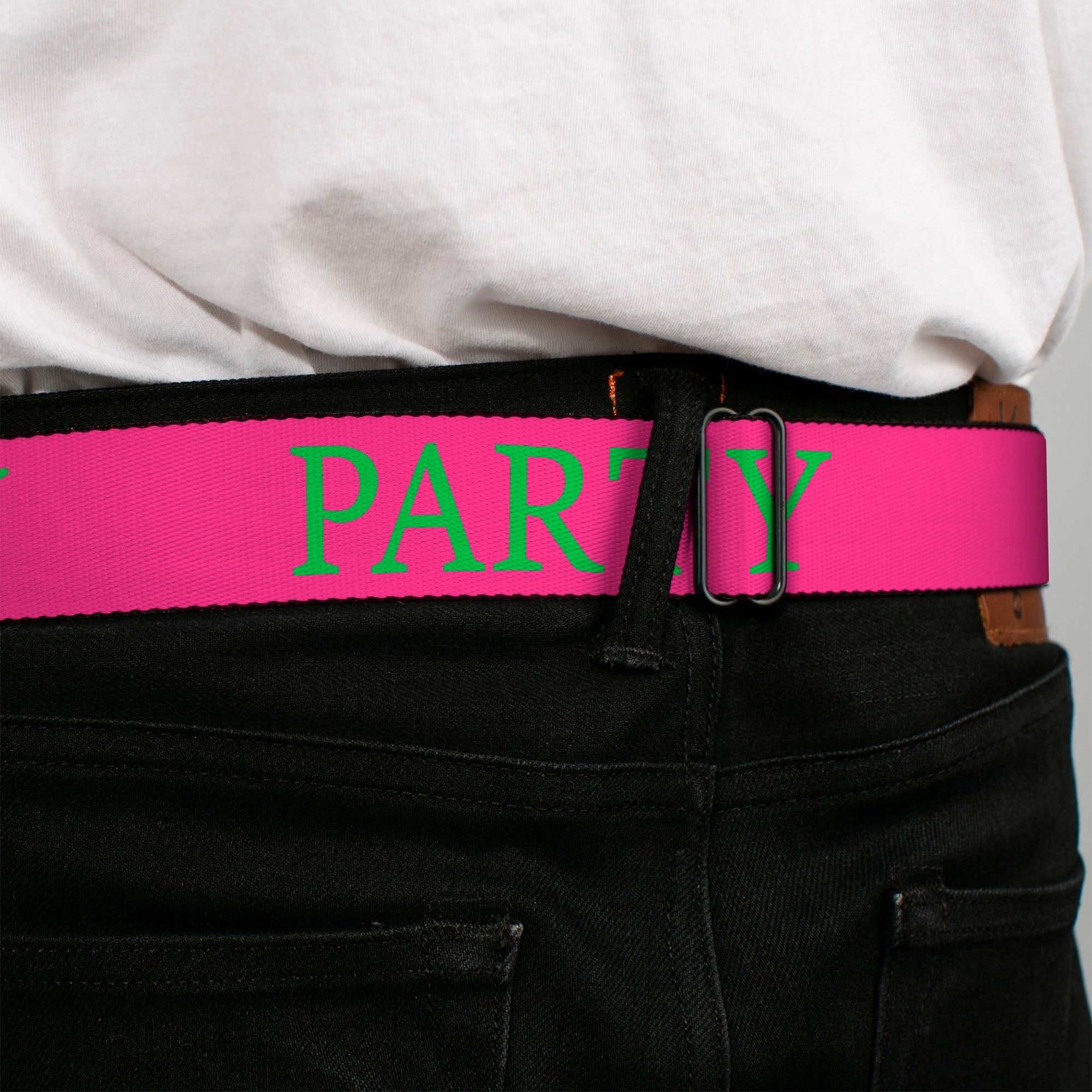BD Wings Logo CLOSE-UP Black/Silver Seatbelt Belt - PARTY Pink/Green Webbing Seatbelt Belts Buckle-Down