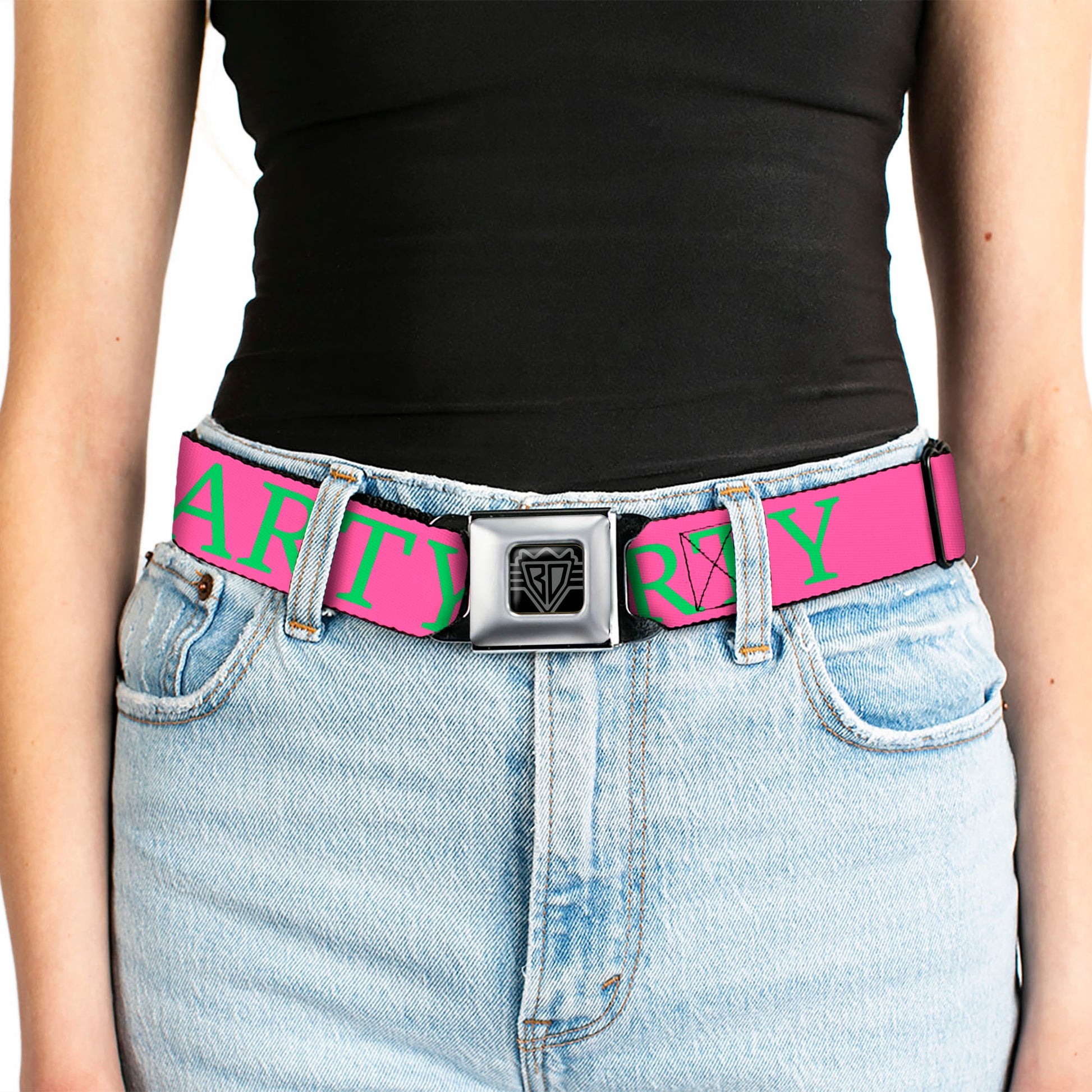 BD Wings Logo CLOSE-UP Black/Silver Seatbelt Belt - PARTY Pink/Green Webbing Seatbelt Belts Buckle-Down