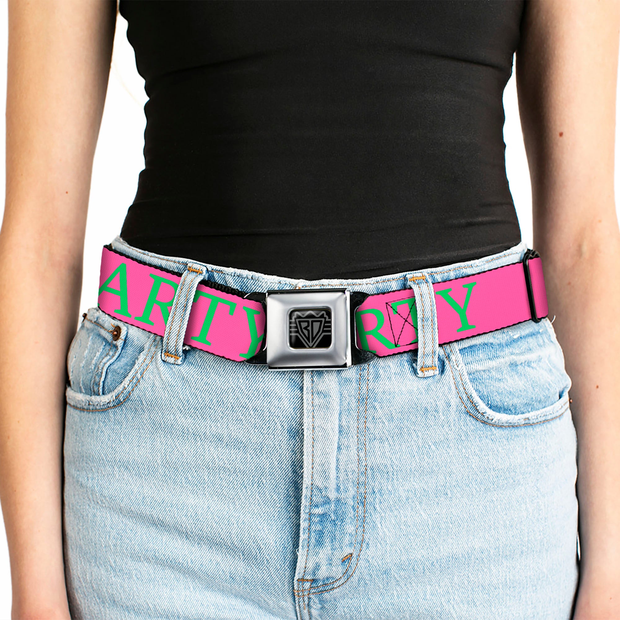 BD Wings Logo CLOSE-UP Black/Silver Seatbelt Belt - PARTY Pink/Green Webbing Seatbelt Belts Buckle-Down