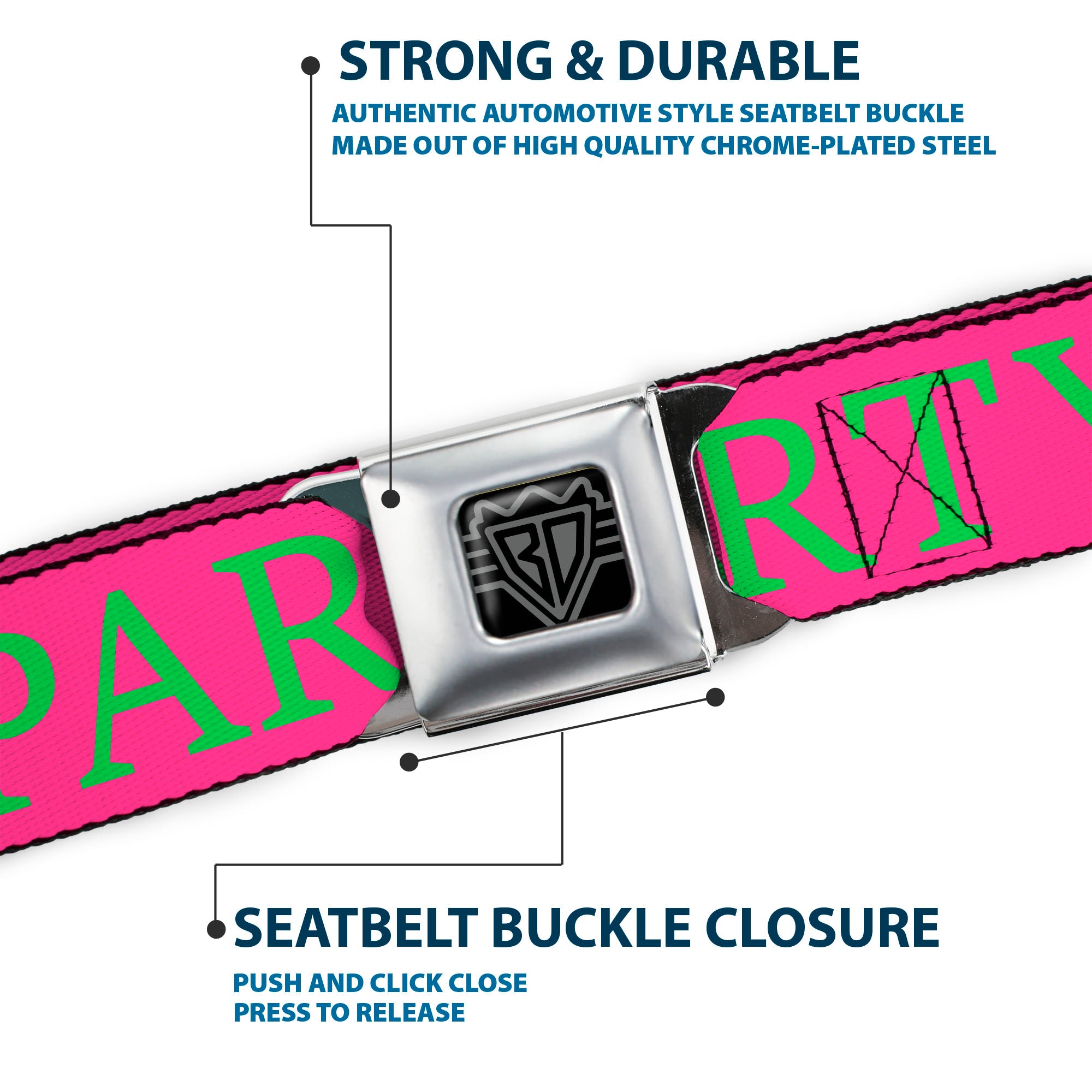 BD Wings Logo CLOSE-UP Black/Silver Seatbelt Belt - PARTY Pink/Green Webbing Seatbelt Belts Buckle-Down