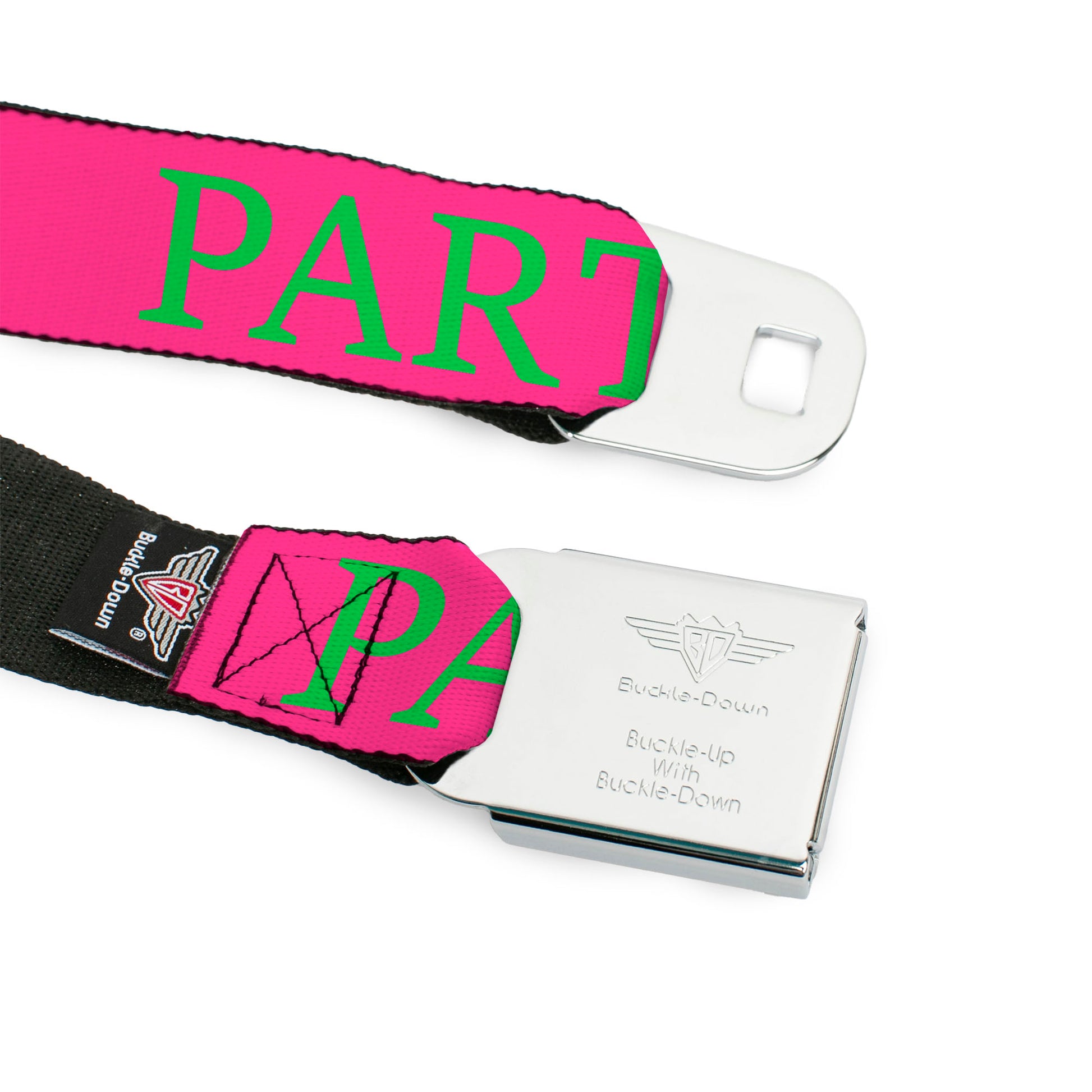 BD Wings Logo CLOSE-UP Black/Silver Seatbelt Belt - PARTY Pink/Green Webbing Seatbelt Belts Buckle-Down