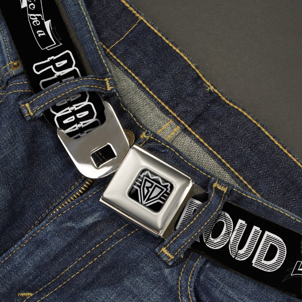 BD Wings Logo CLOSE-UP Full Color Black Silver Seatbelt Belt - PROUD TO BE A PROBLEM Black/White Webbing Seatbelt Belts Buckle-Down