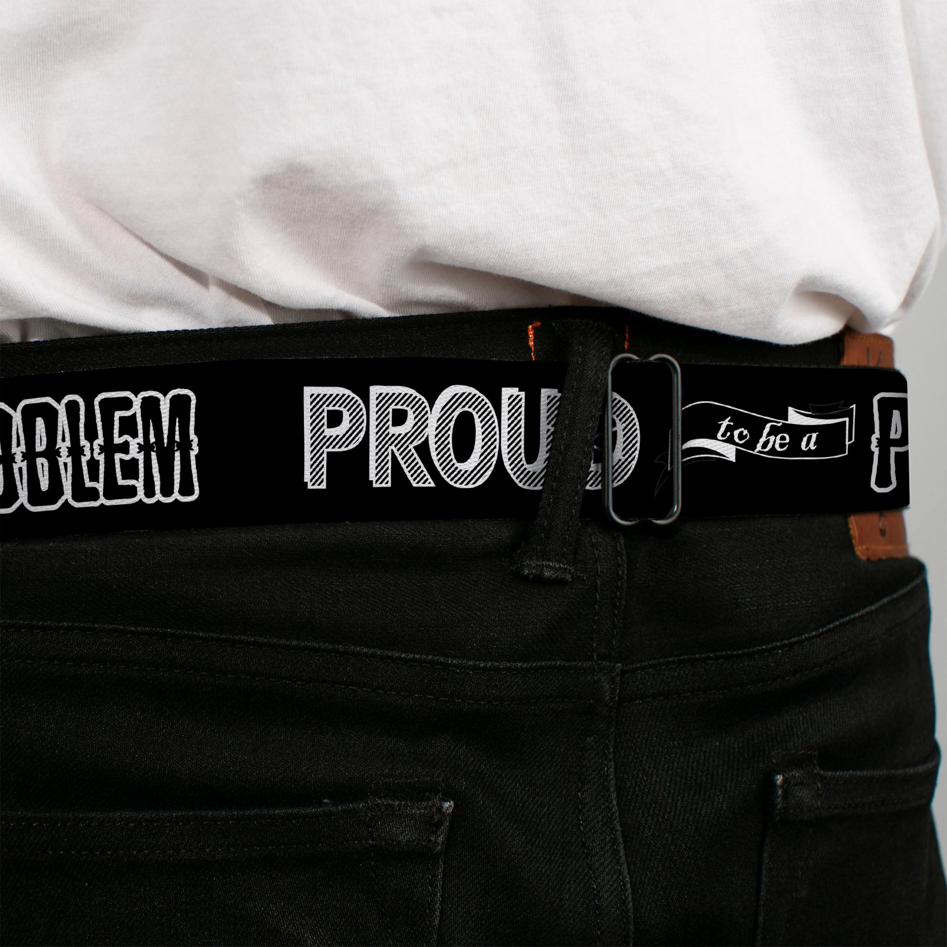 BD Wings Logo CLOSE-UP Full Color Black Silver Seatbelt Belt - PROUD TO BE A PROBLEM Black/White Webbing Seatbelt Belts Buckle-Down