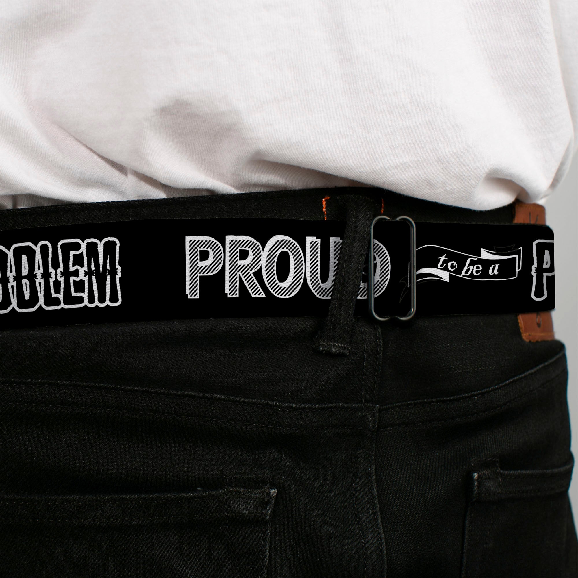 BD Wings Logo CLOSE-UP Full Color Black Silver Seatbelt Belt - PROUD TO BE A PROBLEM Black/White Webbing Seatbelt Belts Buckle-Down