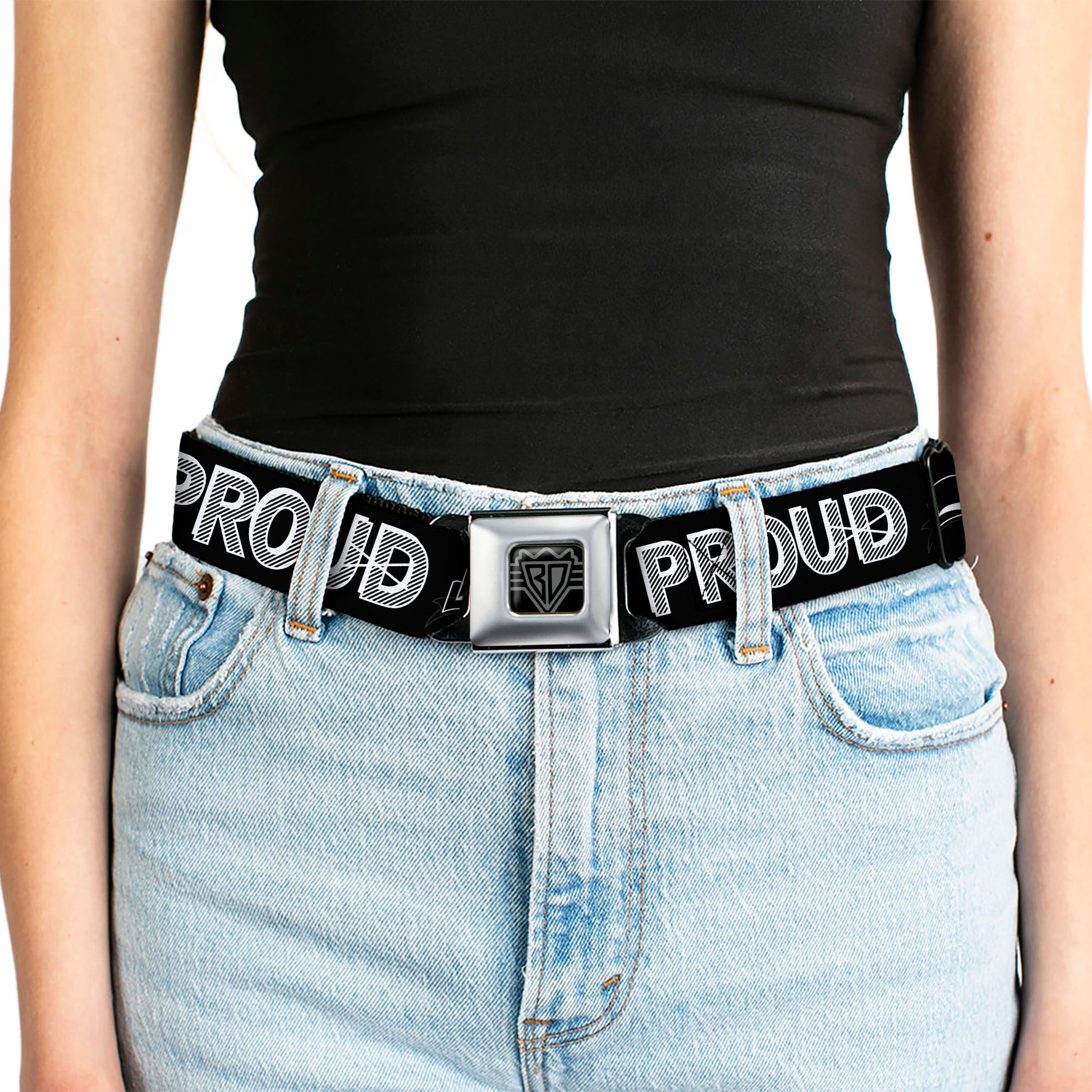 BD Wings Logo CLOSE-UP Full Color Black Silver Seatbelt Belt - PROUD TO BE A PROBLEM Black/White Webbing Seatbelt Belts Buckle-Down