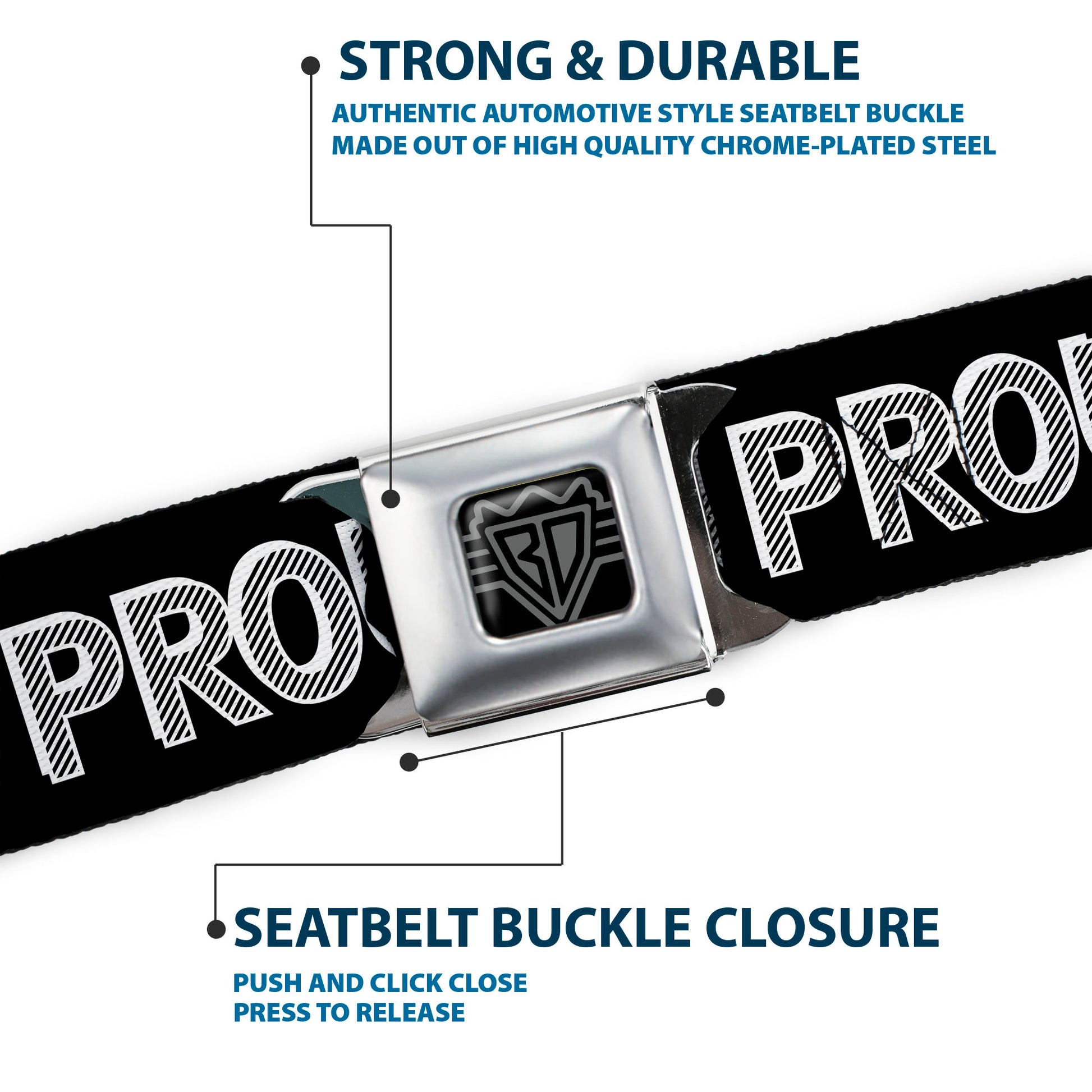 BD Wings Logo CLOSE-UP Full Color Black Silver Seatbelt Belt - PROUD TO BE A PROBLEM Black/White Webbing Seatbelt Belts Buckle-Down