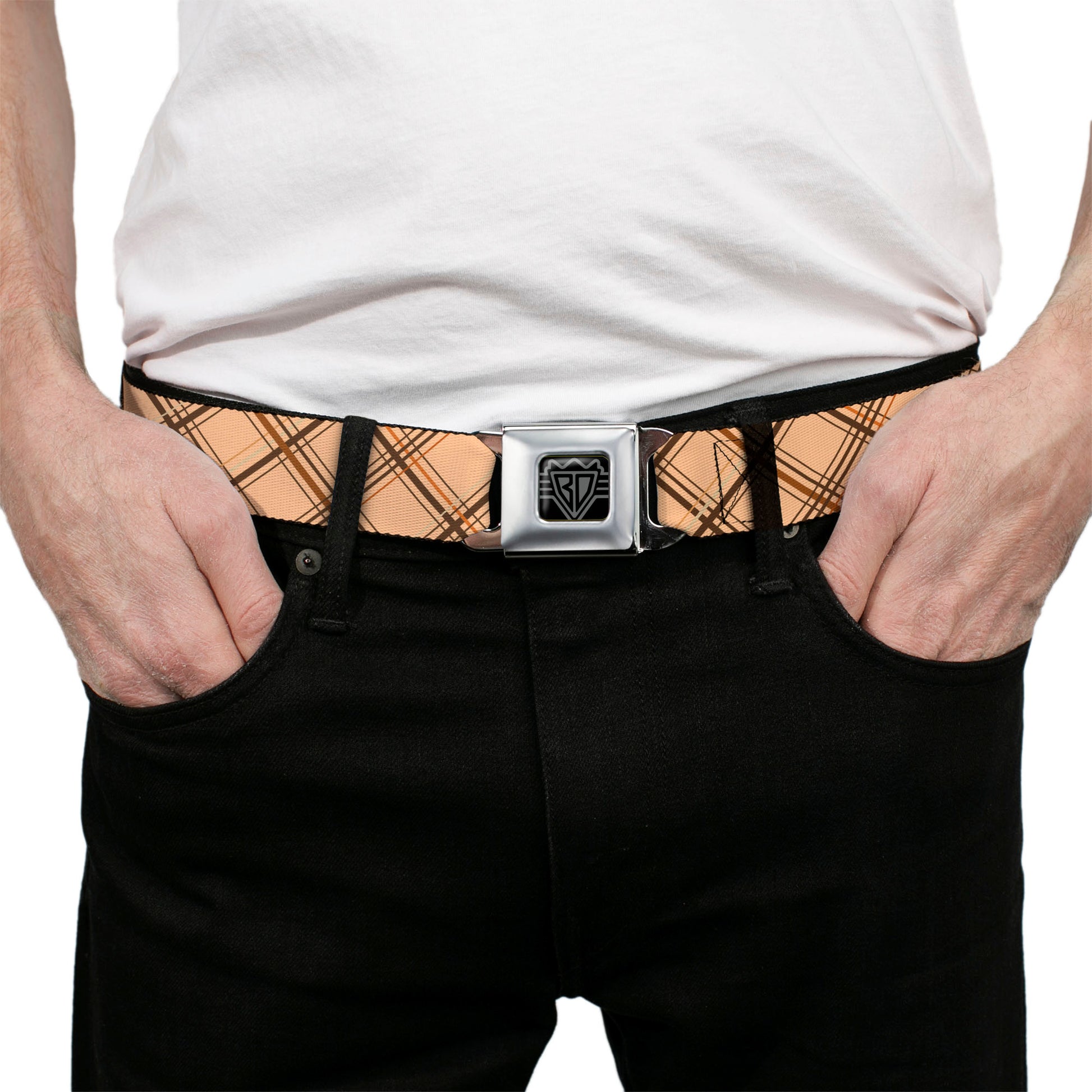 BD Wings Logo CLOSE-UP Black/Silver Seatbelt Belt - Plaid X Tan/Browns Webbing Seatbelt Belts Buckle-Down