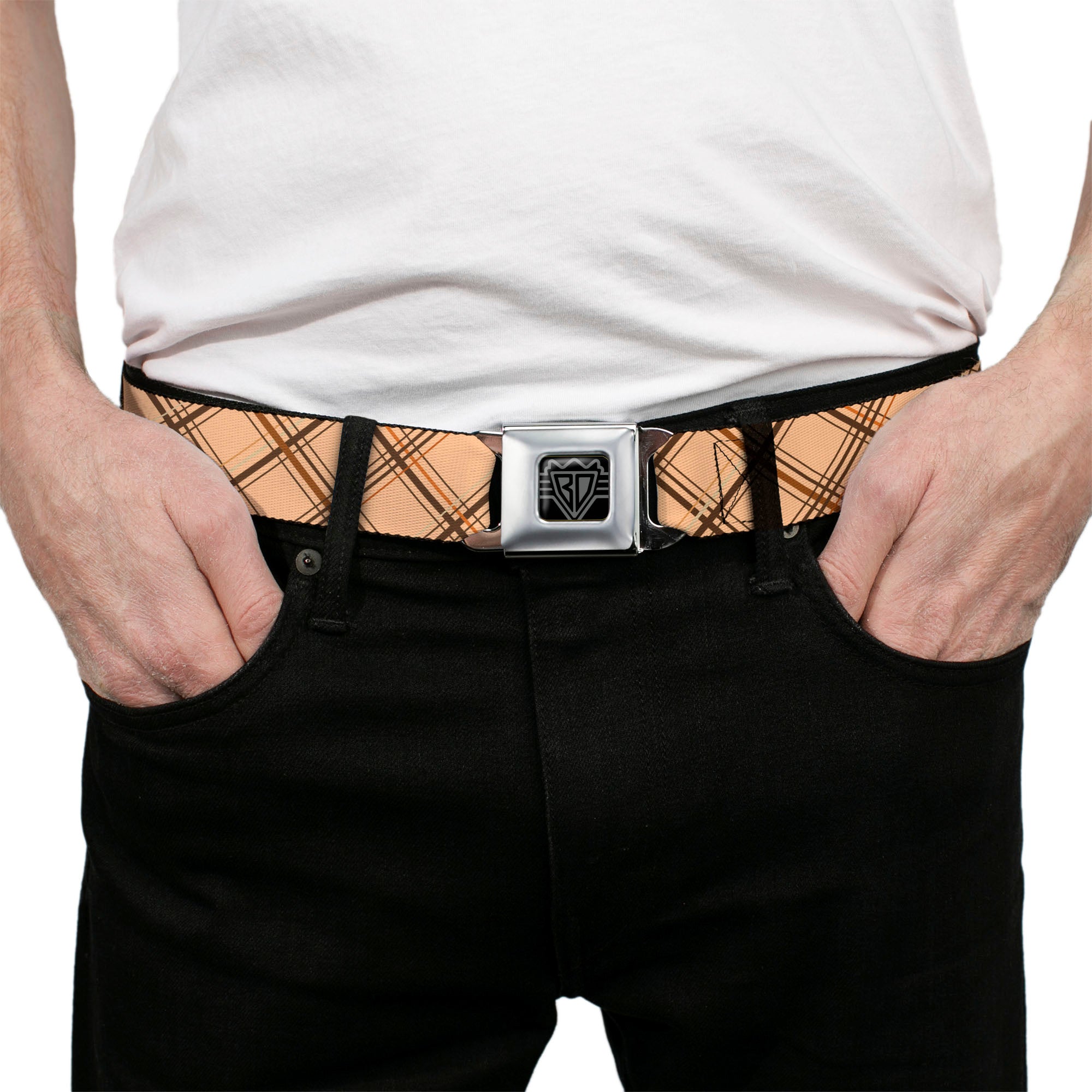 BD Wings Logo CLOSE-UP Black/Silver Seatbelt Belt - Plaid X Tan/Browns Webbing Seatbelt Belts Buckle-Down