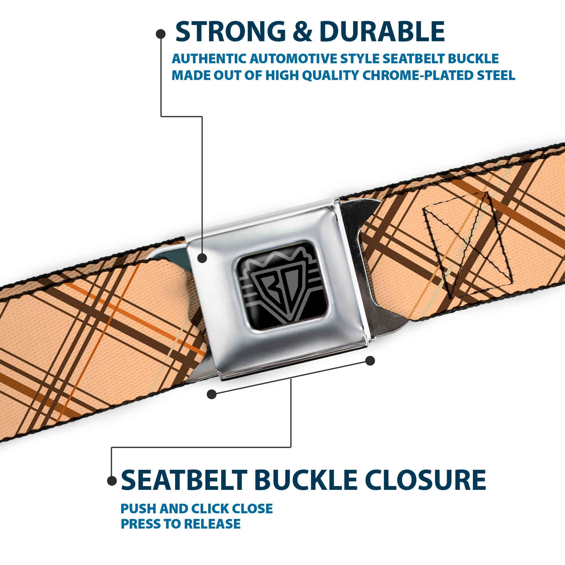BD Wings Logo CLOSE-UP Black/Silver Seatbelt Belt - Plaid X Tan/Browns Webbing Seatbelt Belts Buckle-Down