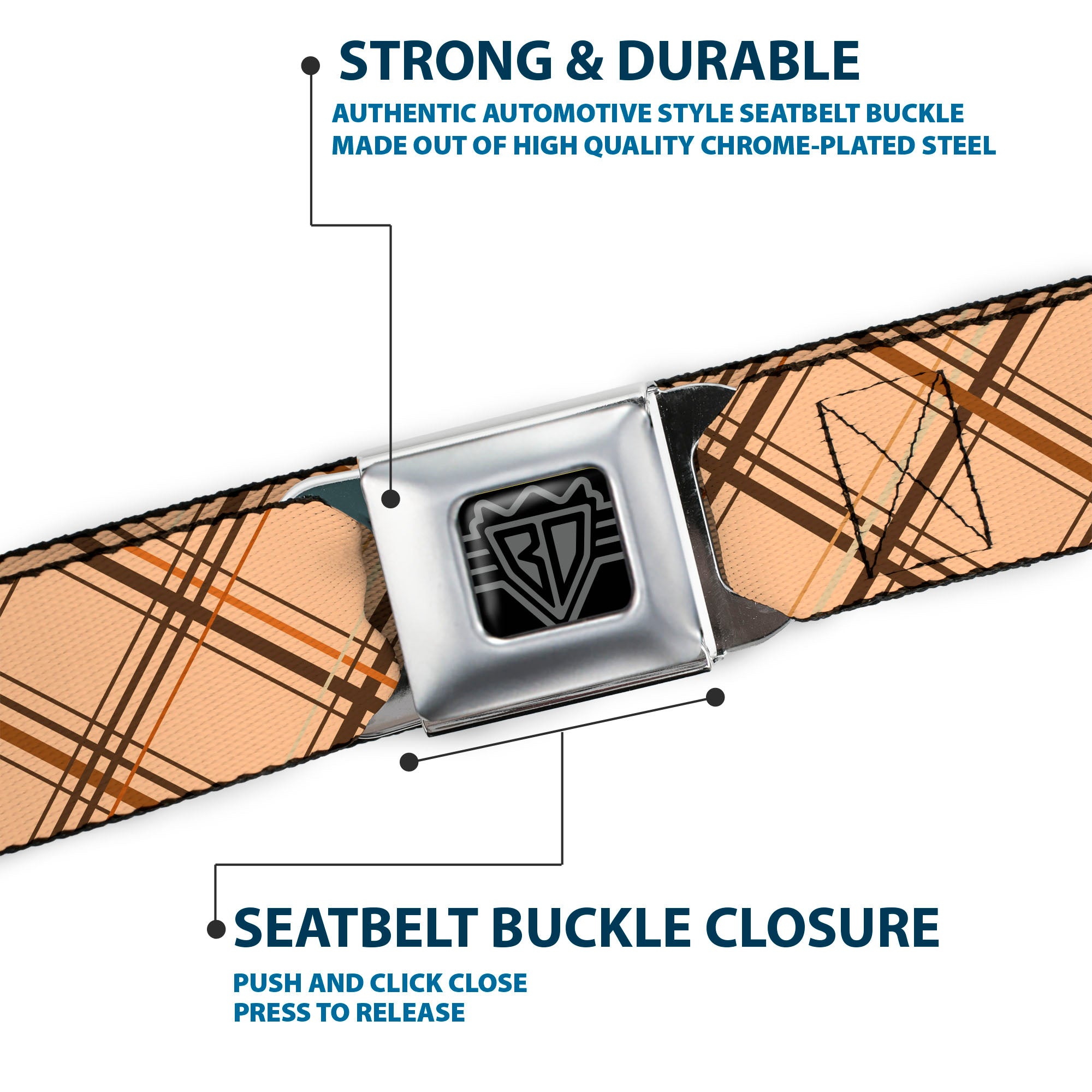BD Wings Logo CLOSE-UP Black/Silver Seatbelt Belt - Plaid X Tan/Browns Webbing Seatbelt Belts Buckle-Down