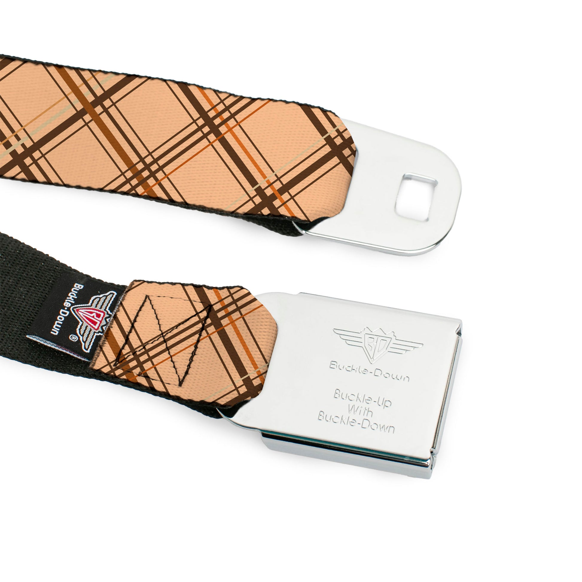 BD Wings Logo CLOSE-UP Black/Silver Seatbelt Belt - Plaid X Tan/Browns Webbing Seatbelt Belts Buckle-Down