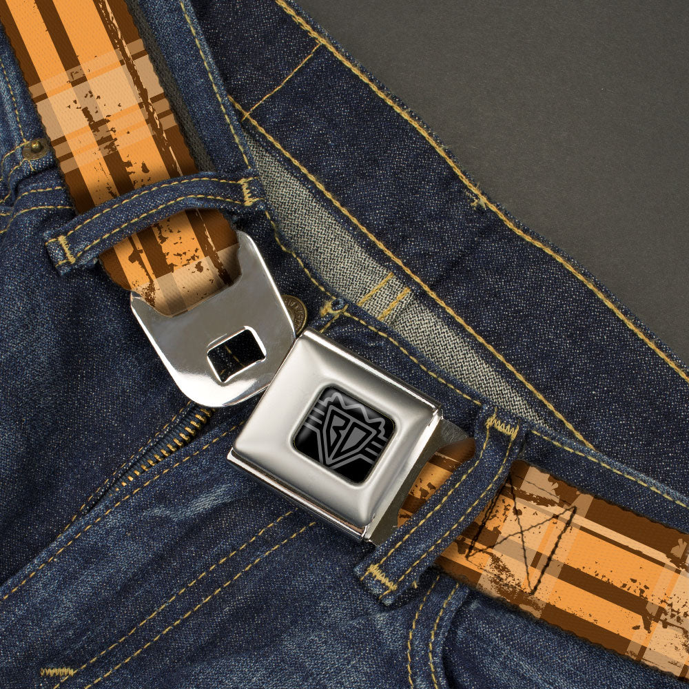 BD Wings Logo CLOSE-UP Black/Silver Seatbelt Belt - Plaid Weathered Browns/Tans Webbing Seatbelt Belts Buckle-Down