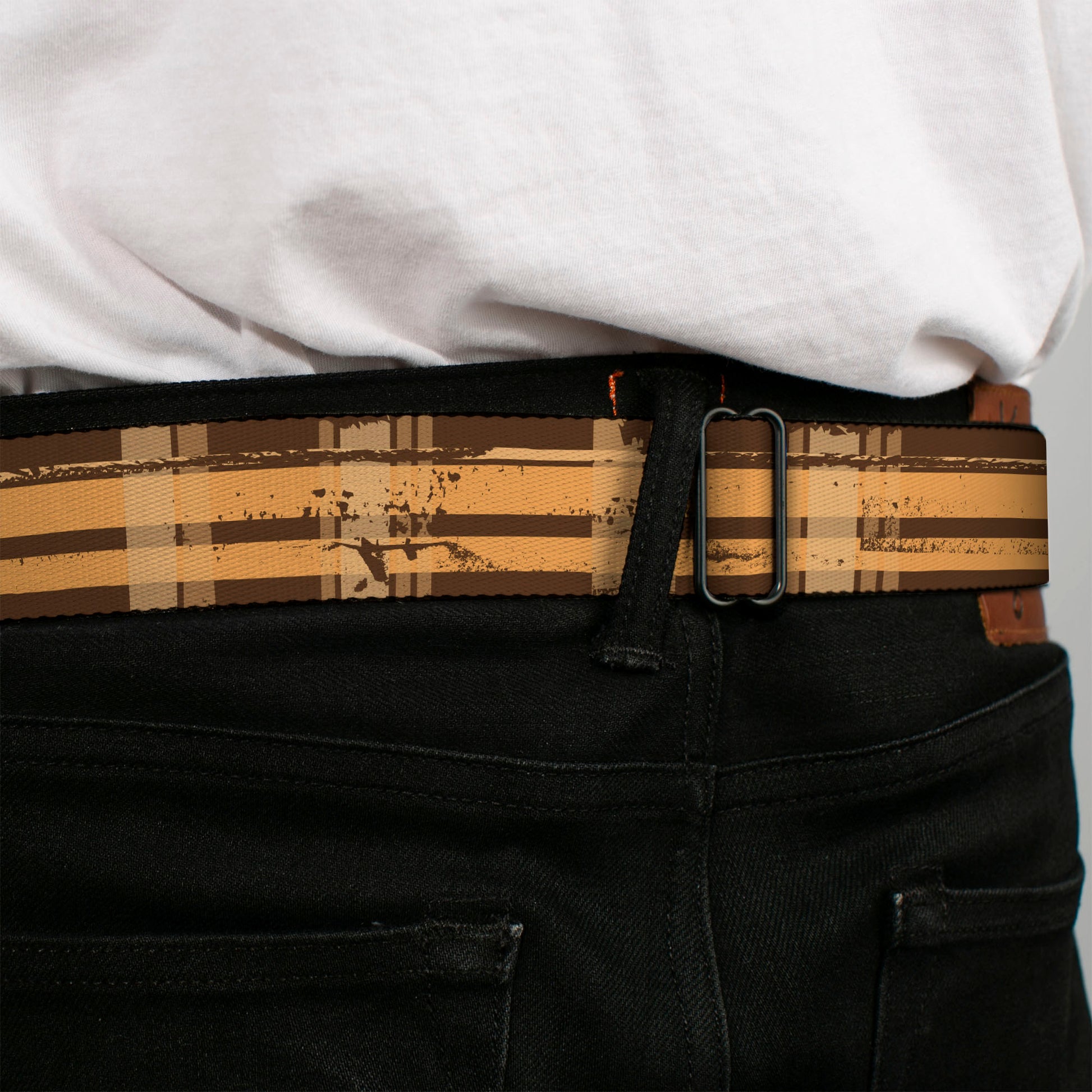 BD Wings Logo CLOSE-UP Black/Silver Seatbelt Belt - Plaid Weathered Browns/Tans Webbing Seatbelt Belts Buckle-Down