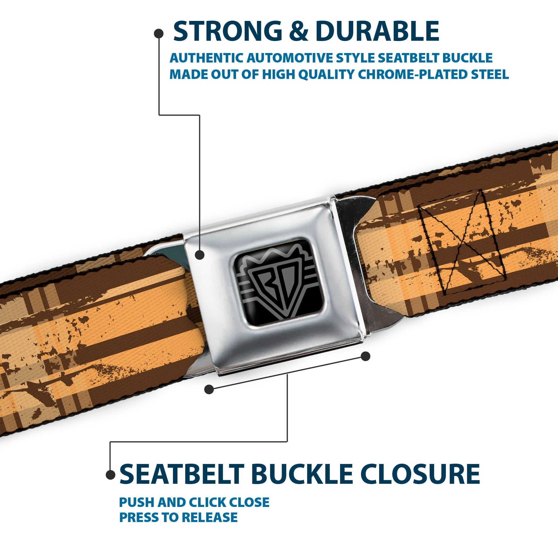 BD Wings Logo CLOSE-UP Black/Silver Seatbelt Belt - Plaid Weathered Browns/Tans Webbing Seatbelt Belts Buckle-Down