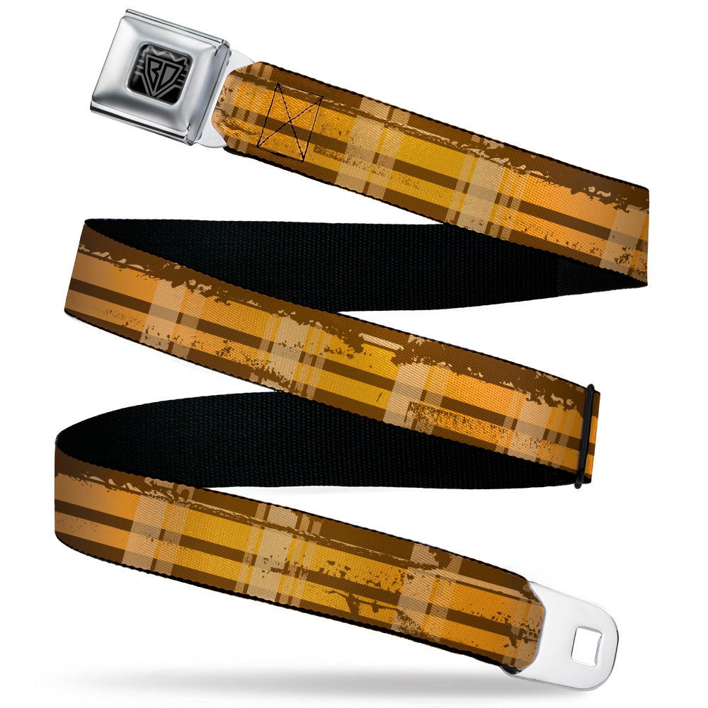 BD Wings Logo CLOSE-UP Black/Silver Seatbelt Belt - Plaid Weathered Browns/Tans Webbing Seatbelt Belts Buckle-Down