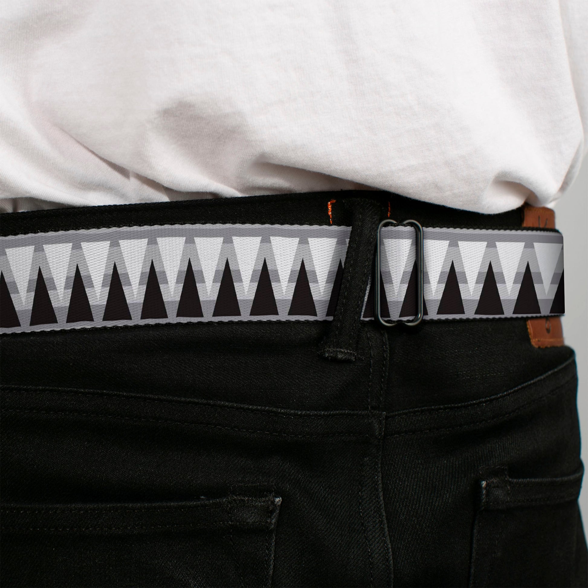 BD Wings Logo CLOSE-UP Black/Silver Seatbelt Belt - Peaks/Stripes Grays/White/Black Webbing Seatbelt Belts Buckle-Down