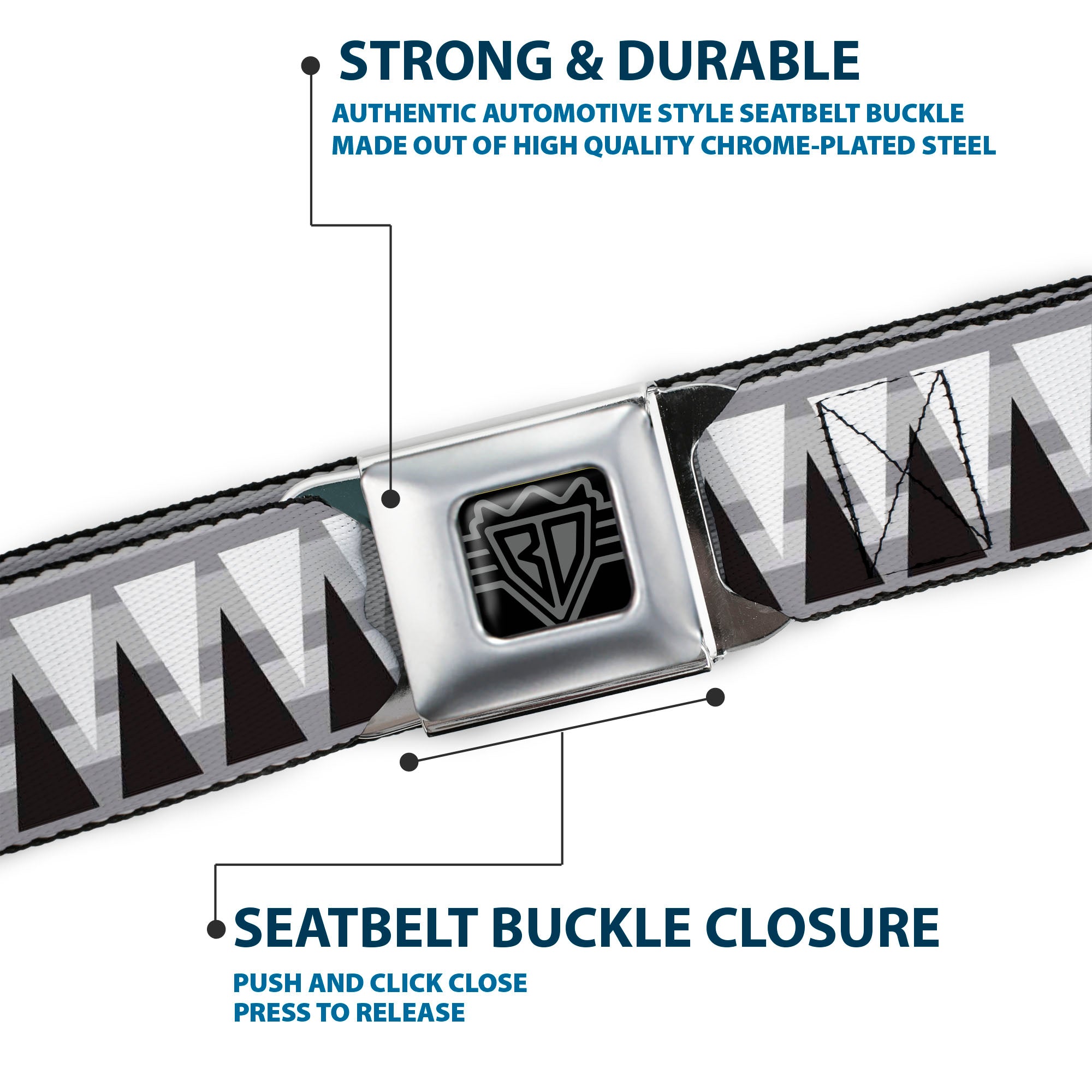 BD Wings Logo CLOSE-UP Black/Silver Seatbelt Belt - Peaks/Stripes Grays/White/Black Webbing Seatbelt Belts Buckle-Down