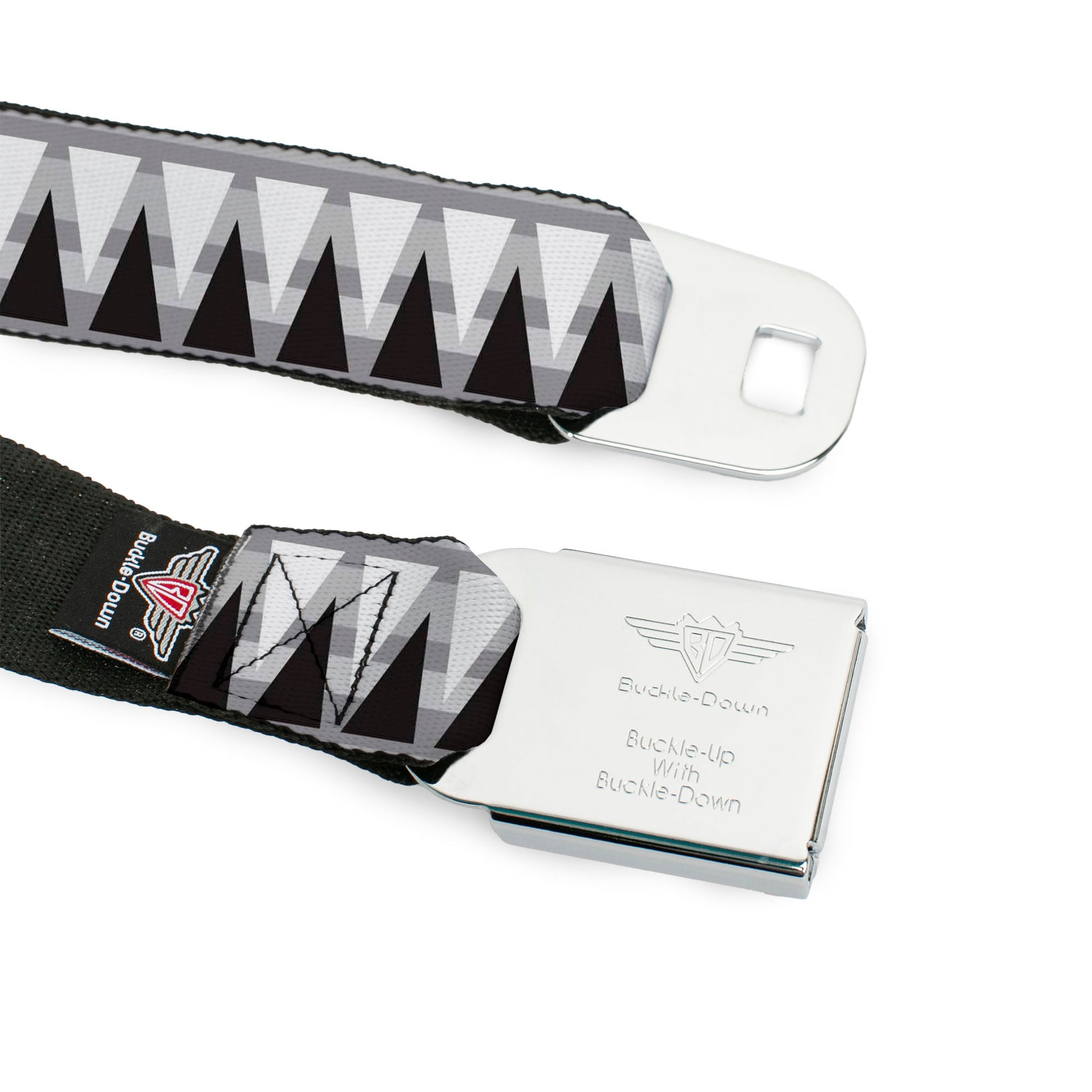 BD Wings Logo CLOSE-UP Black/Silver Seatbelt Belt - Peaks/Stripes Grays/White/Black Webbing Seatbelt Belts Buckle-Down