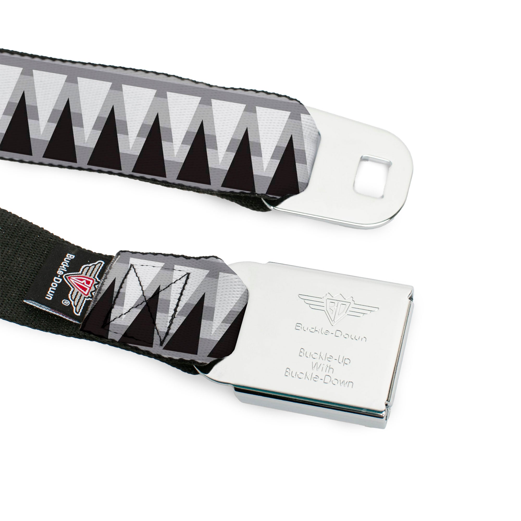 BD Wings Logo CLOSE-UP Black/Silver Seatbelt Belt - Peaks/Stripes Grays/White/Black Webbing Seatbelt Belts Buckle-Down