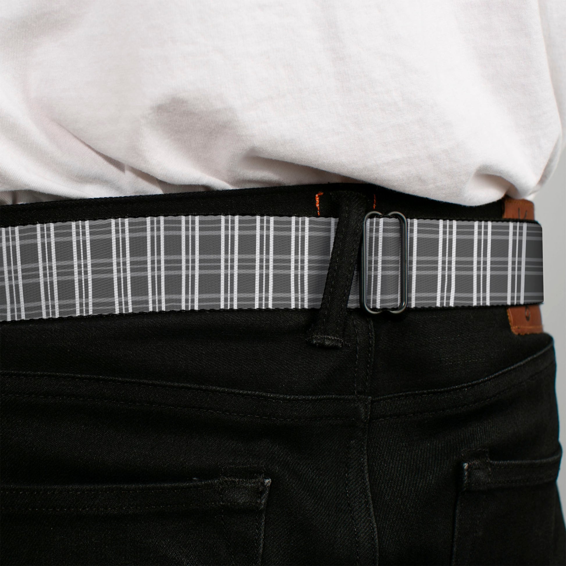 BD Wings Logo CLOSE-UP Black/Silver Seatbelt Belt - Plaid2 Grays/White Webbing Seatbelt Belts Buckle-Down