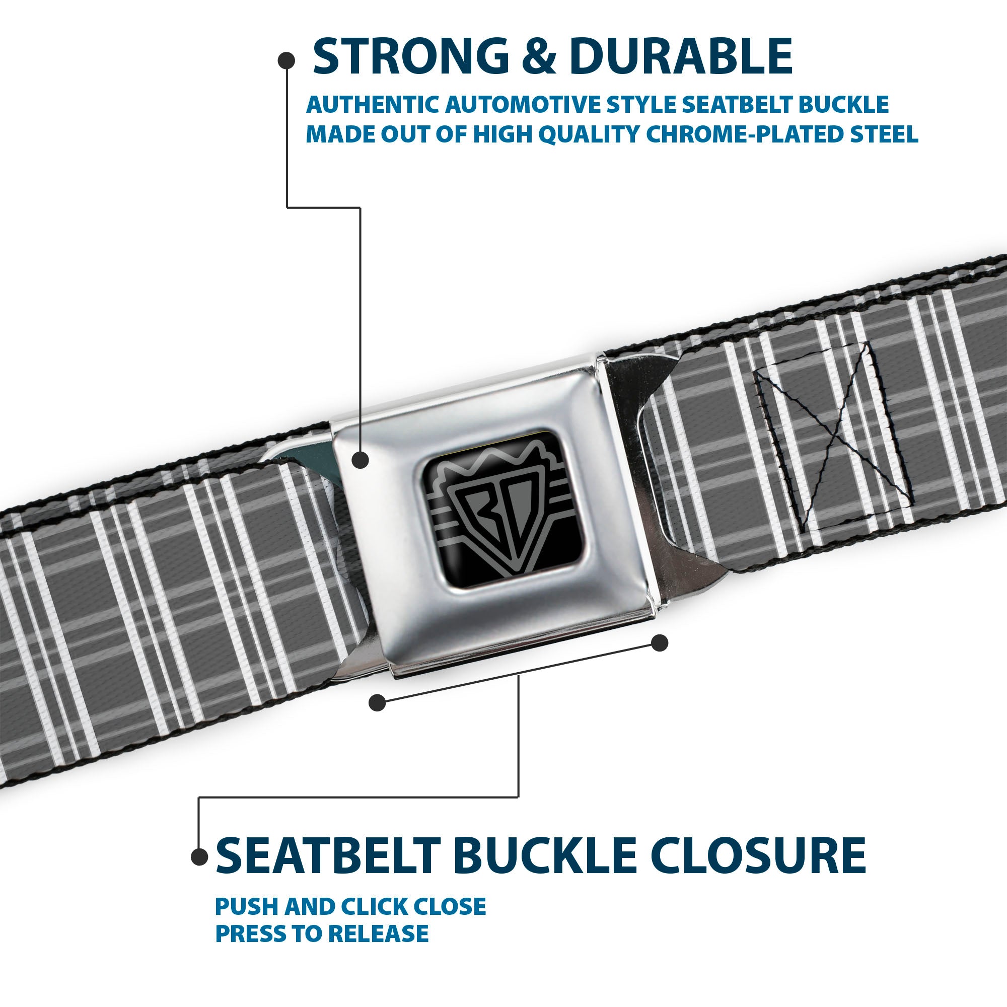 BD Wings Logo CLOSE-UP Black/Silver Seatbelt Belt - Plaid2 Grays/White Webbing Seatbelt Belts Buckle-Down