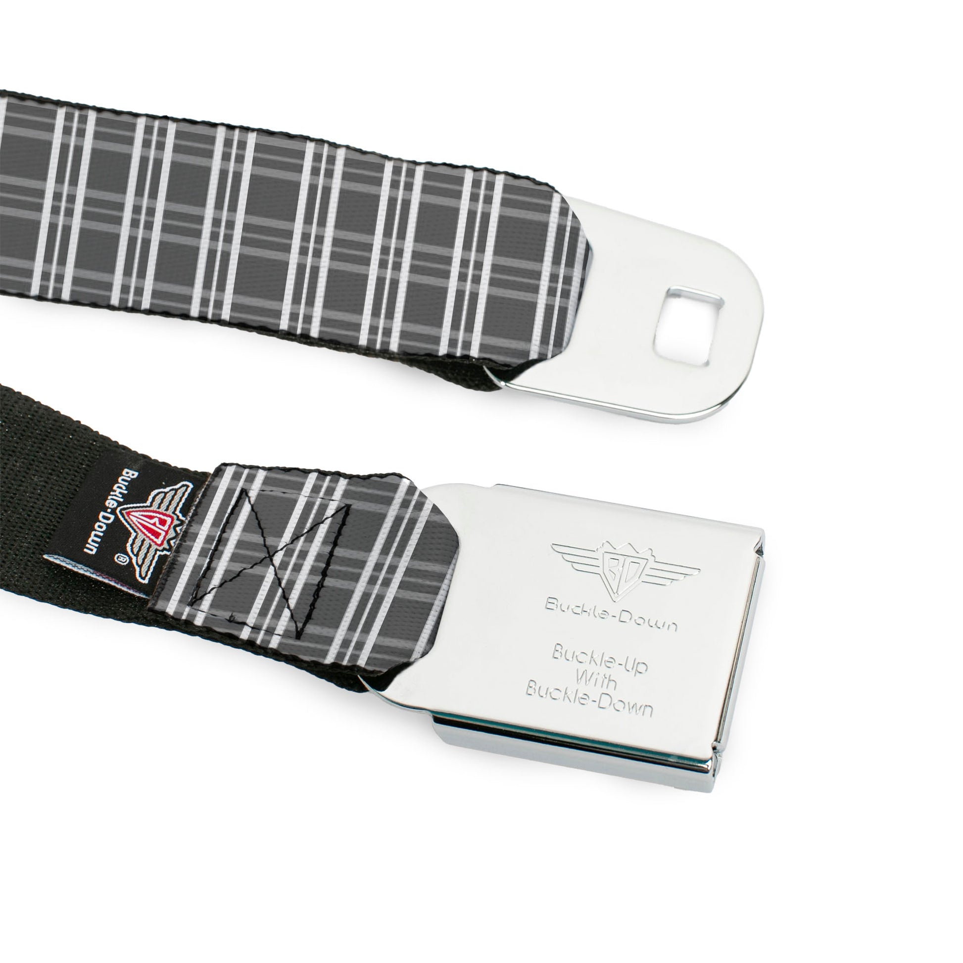 BD Wings Logo CLOSE-UP Black/Silver Seatbelt Belt - Plaid2 Grays/White Webbing Seatbelt Belts Buckle-Down