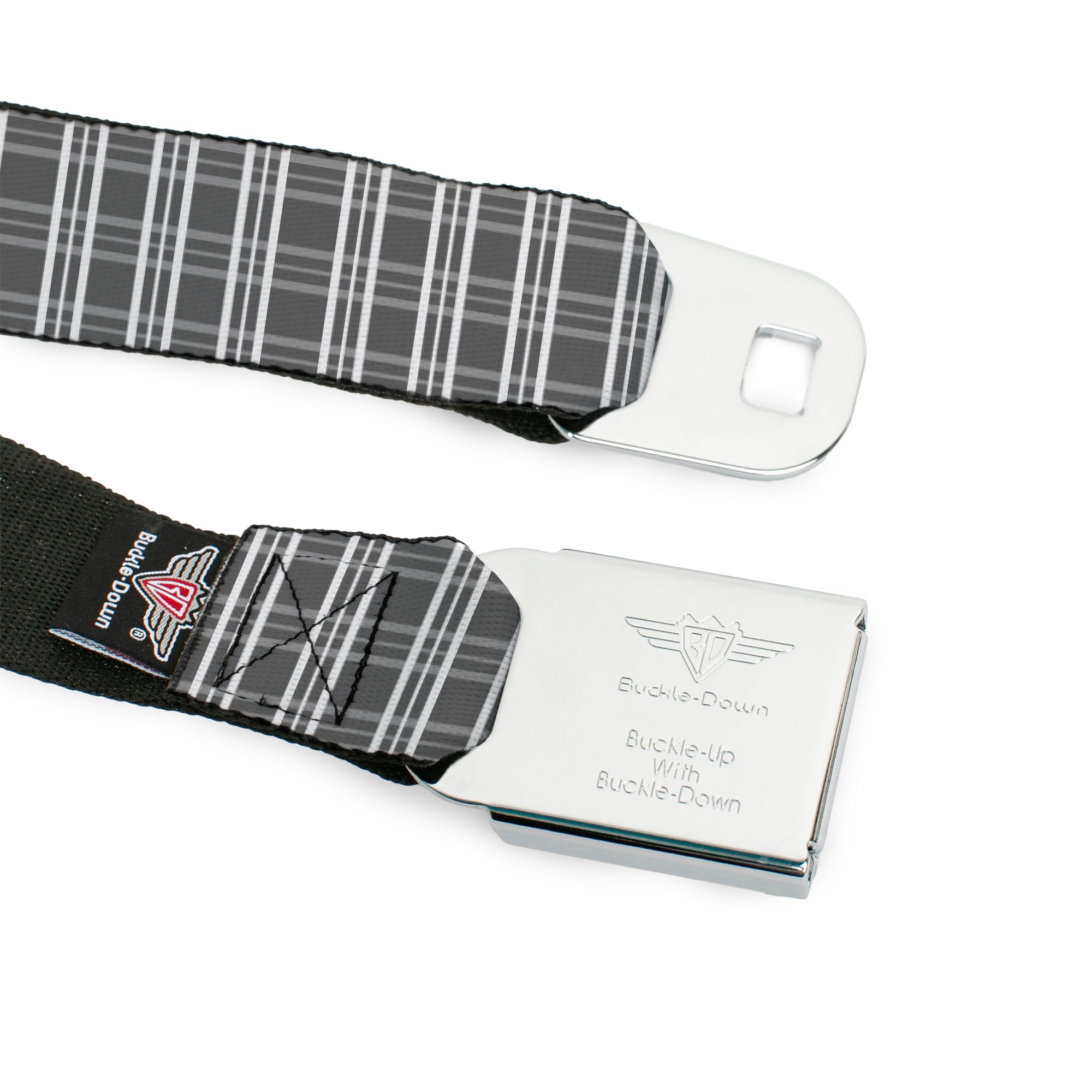 BD Wings Logo CLOSE-UP Black/Silver Seatbelt Belt - Plaid2 Grays/White Webbing Seatbelt Belts Buckle-Down