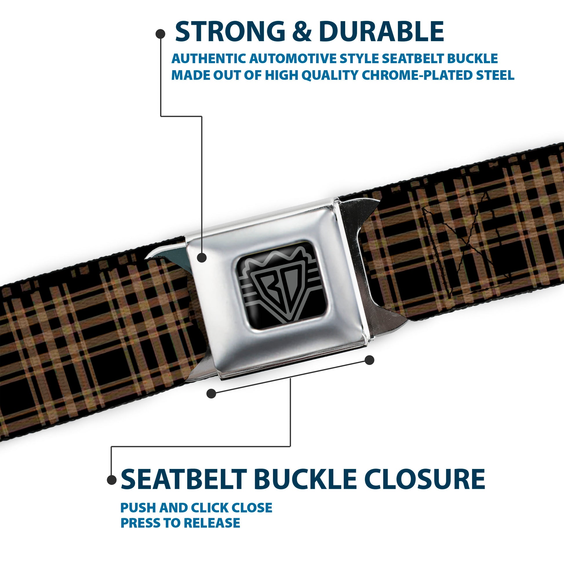 BD Wings Logo CLOSE-UP Black/Silver Seatbelt Belt - Plaid3 Black/Brown Webbing Seatbelt Belts Buckle-Down