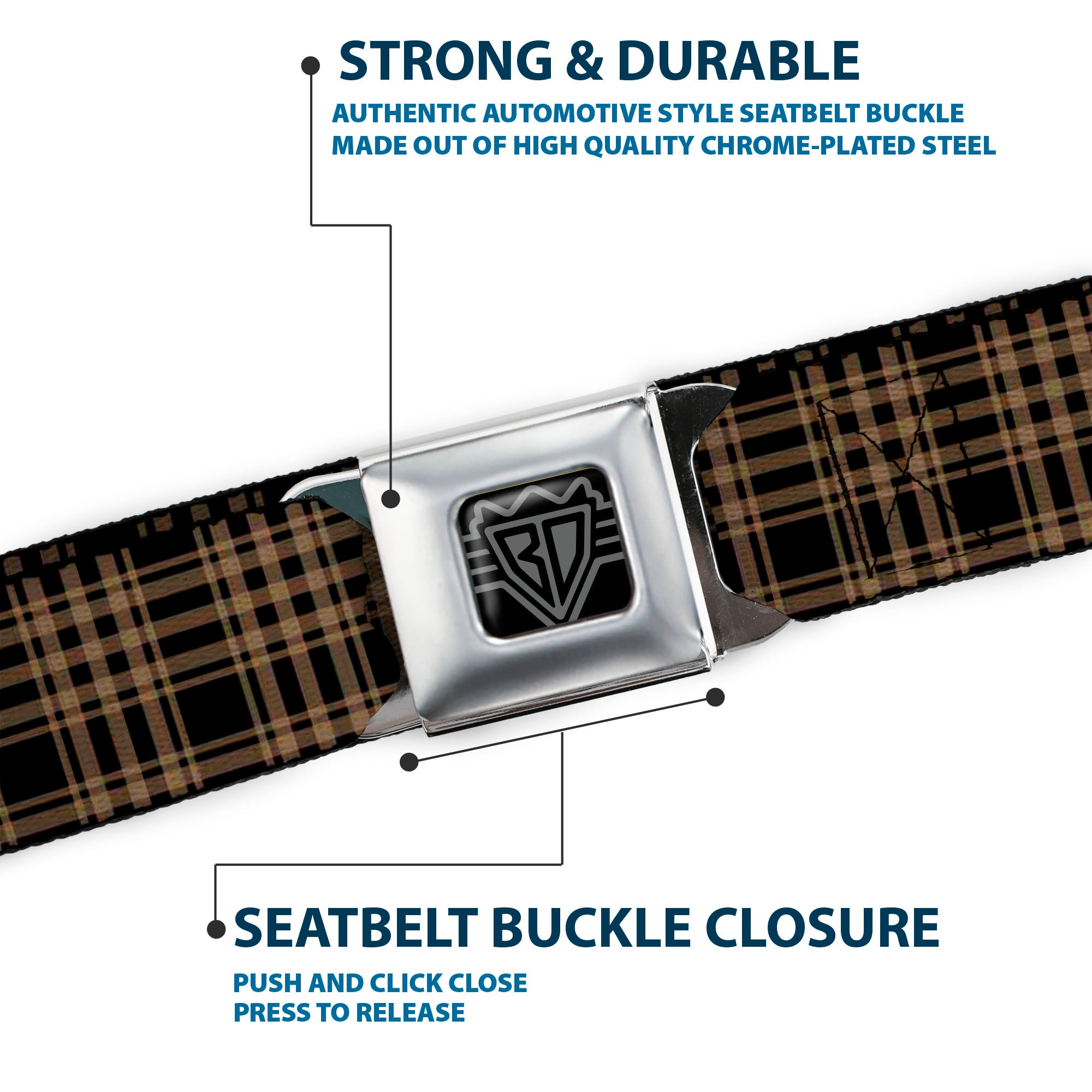 BD Wings Logo CLOSE-UP Black/Silver Seatbelt Belt - Plaid3 Black/Brown Webbing Seatbelt Belts Buckle-Down